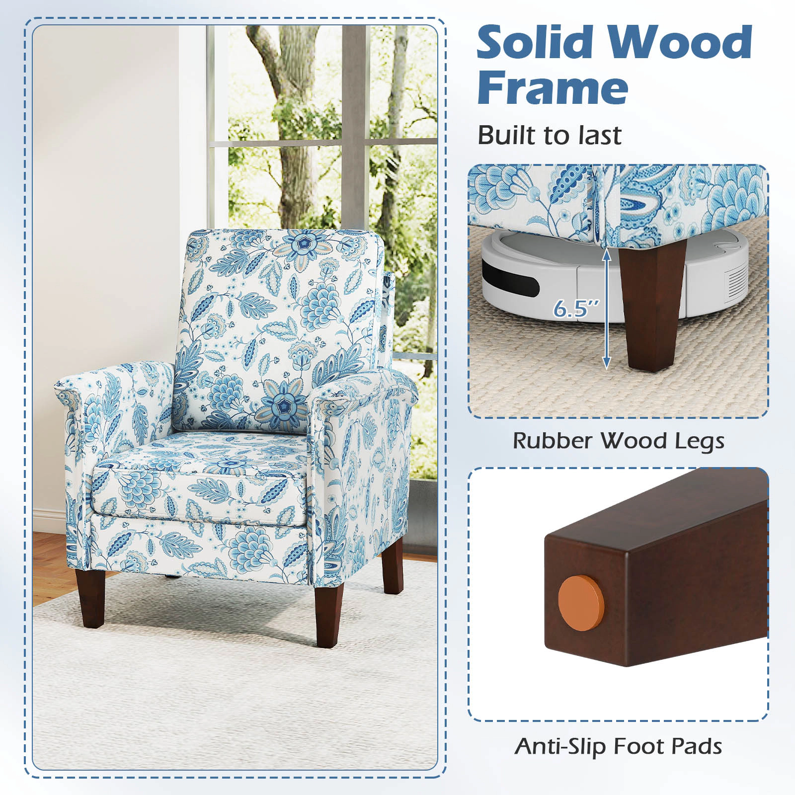 SUGIFT Floral Linen Accent Armchair with Solid Wood Frame 400-lb Capacity High Back 32-in Tall with 4-in Seat Cushion