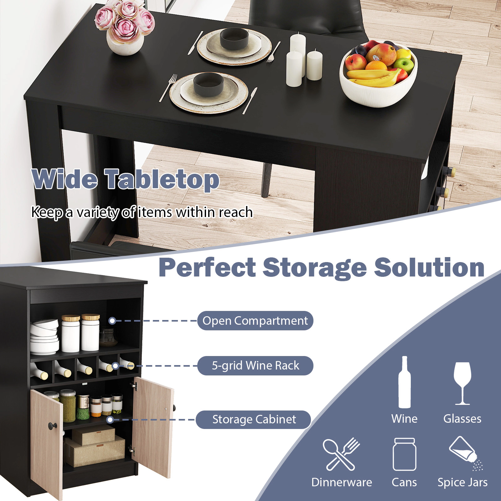 SUGIFT 48-in Counter-Height Bar Table with 2-Door Cabinet and 5-Bottle Wine Rack