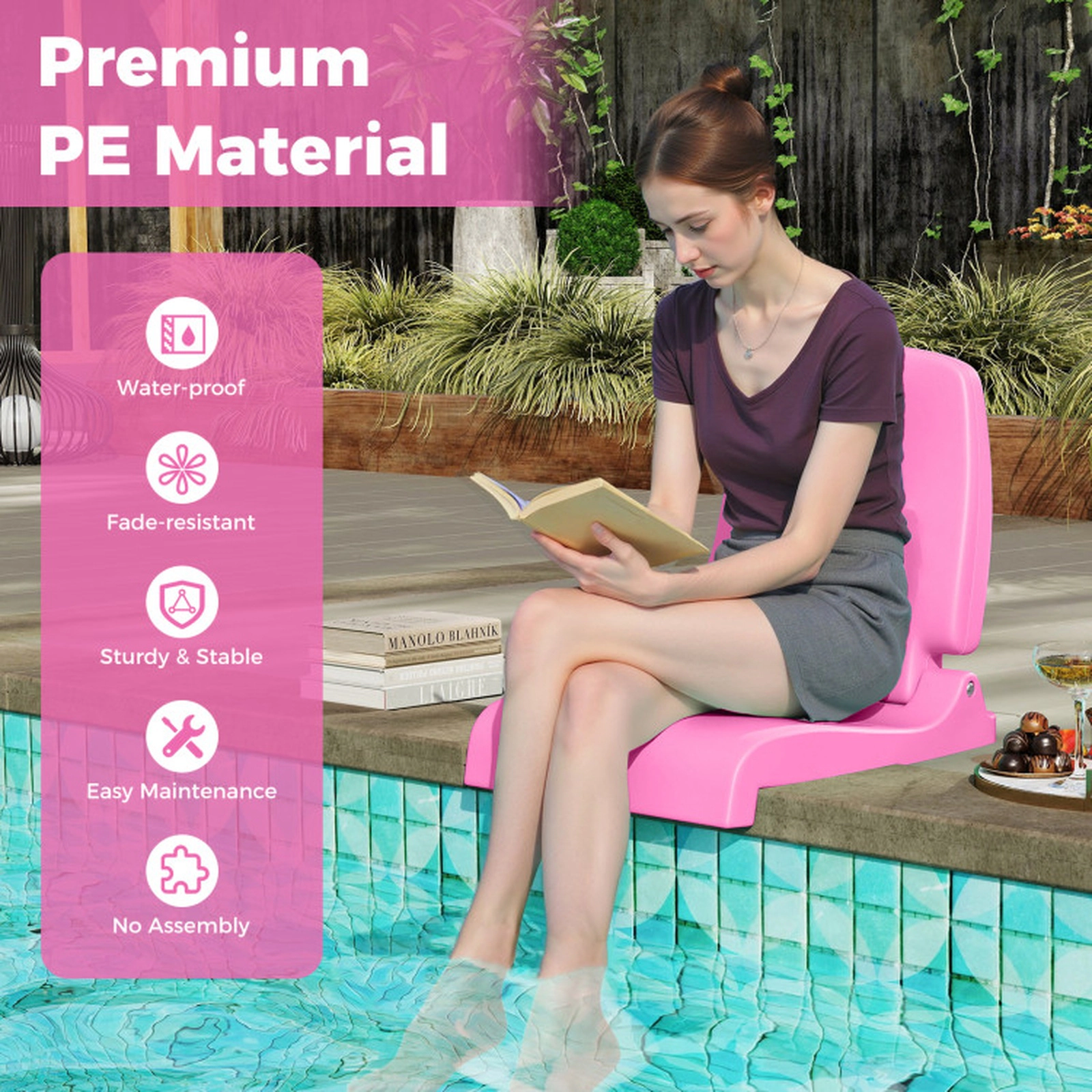 SUGIFT Foldable Carry Handle Back Support Poolside Outdoor Pool Chair 22-in x 18.5-in x 20.5-in 220-lb Capacity Pink