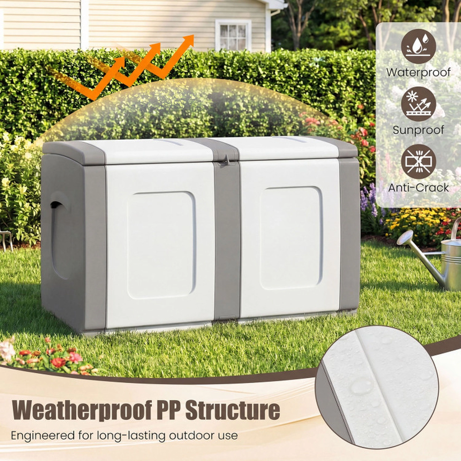SUGIFT 53-Gallon Lockable Lid Waterproof PP Outdoor Patio Deck Storage Box 37-in x 21.5-in x 22.5-in 155-lb Gray