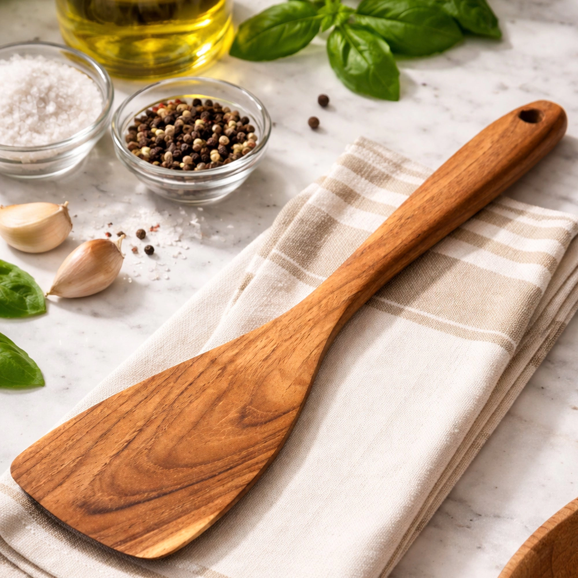 Cheer Collection Teak Wood Frying Spatula for Nonstick Pans with Wide Flat Turning Head