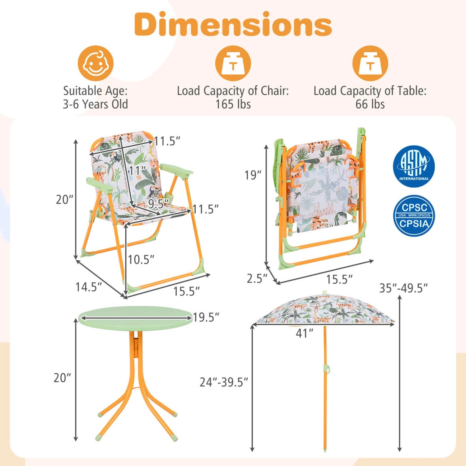 SUGIFT Kids Table & Folding Chairs Set Height-Adjustable Umbrella 165-lb Chair Capacity 66-lb Table Capacity Ages 3-6