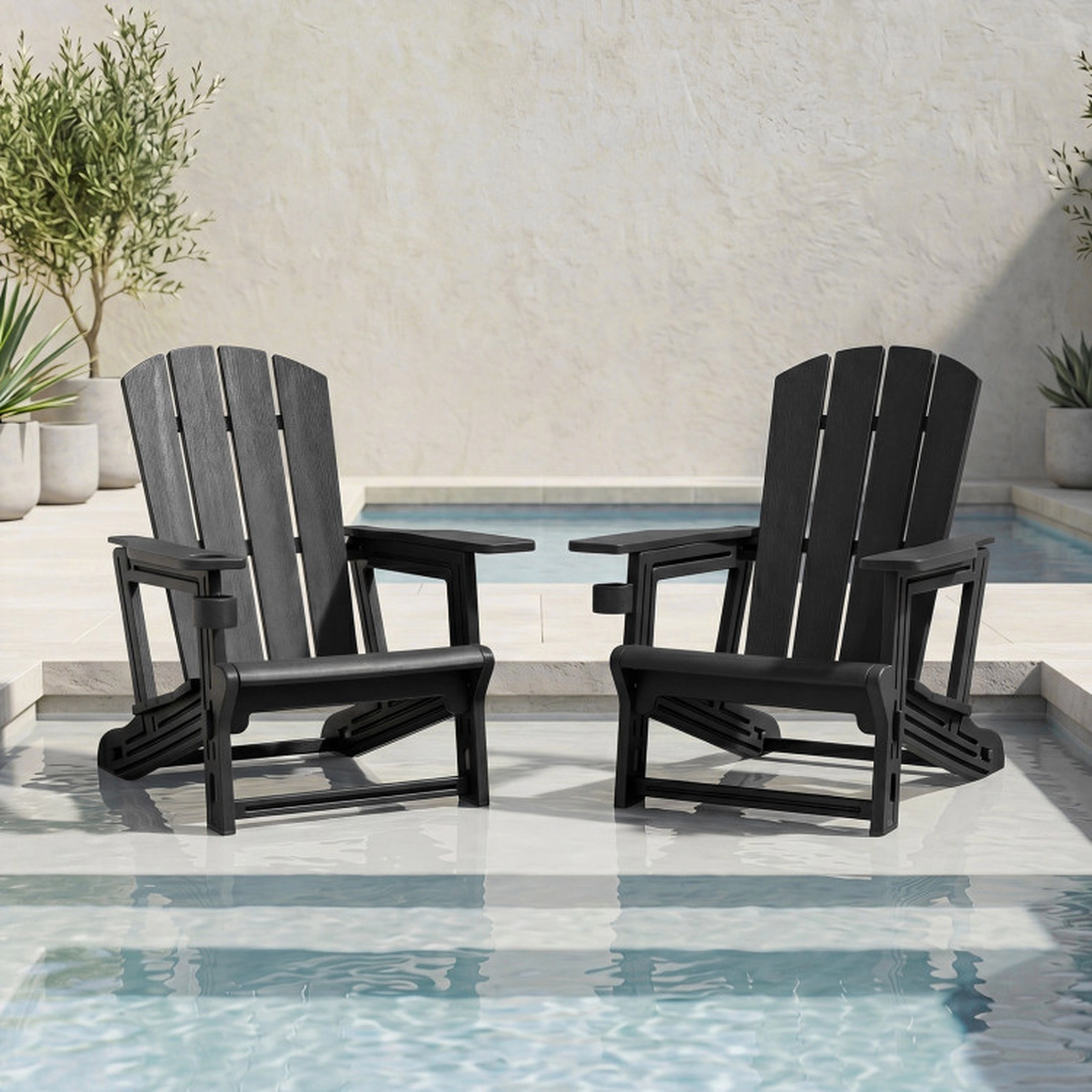 SUGIFT HDPE Adirondack Chair with Realistic Wood Grain Reclining Back and Cup Holder 550-Lb Capacity Black