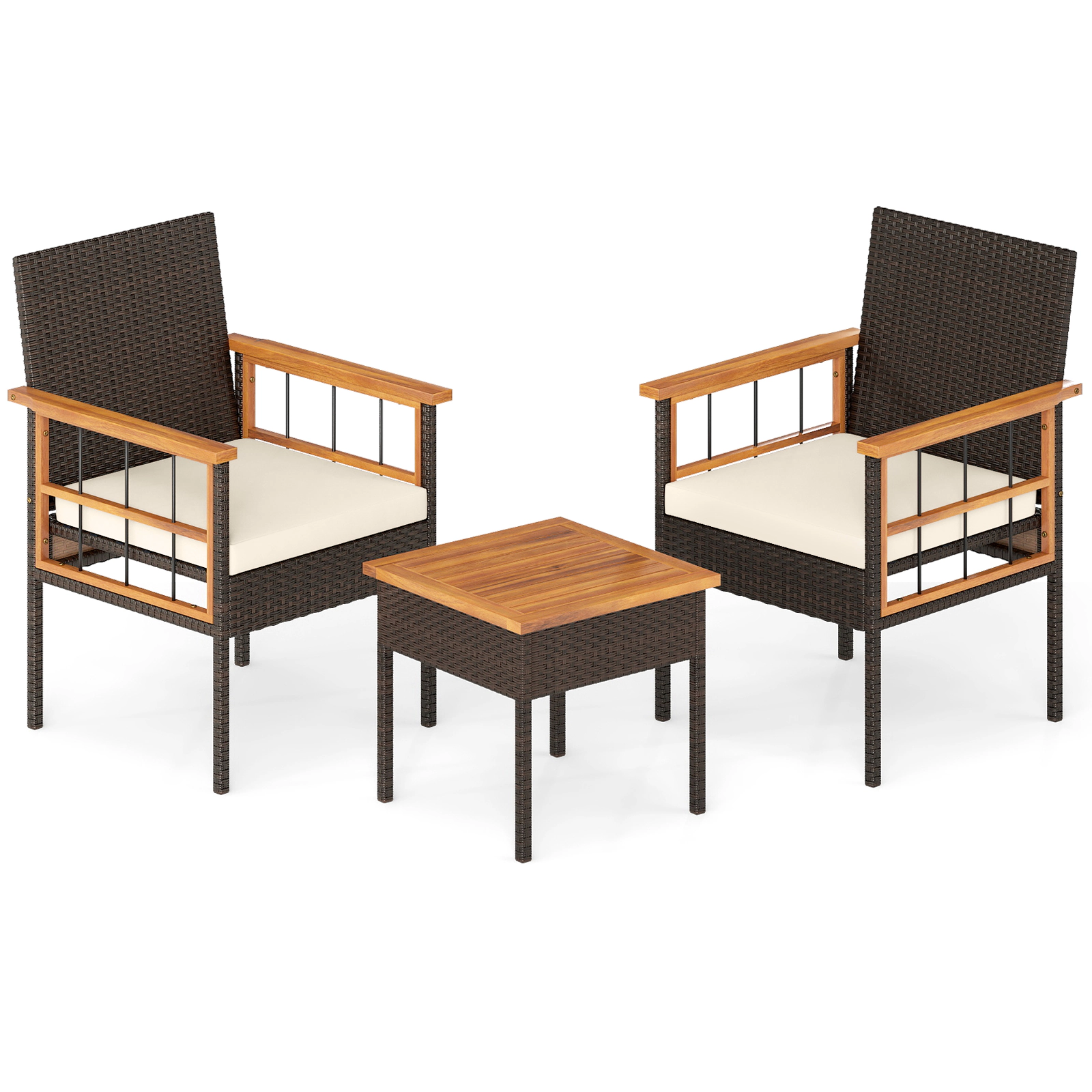 SUGIFT 3-Piece White Wicker Balcony Set with Acacia-Topped Side Table and Cushions