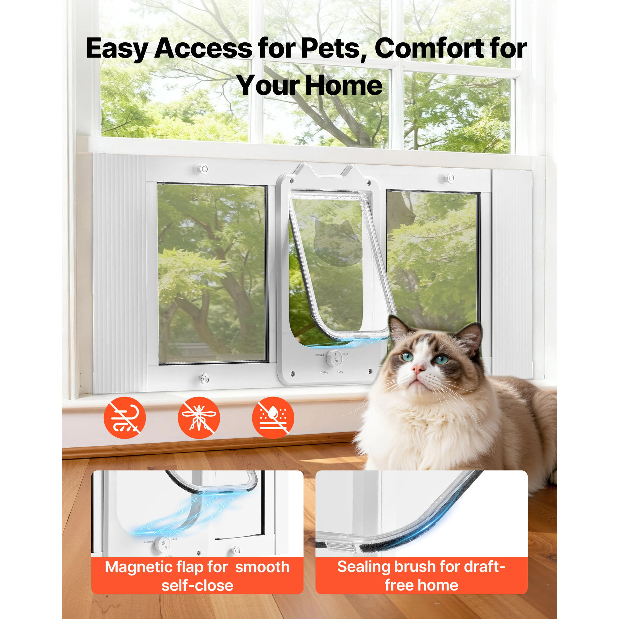 HONGGE Cat Door for Window, Adjustable 35-40 in Width, 4-Way Lock Aluminum Frame with Magnetic Closure, White