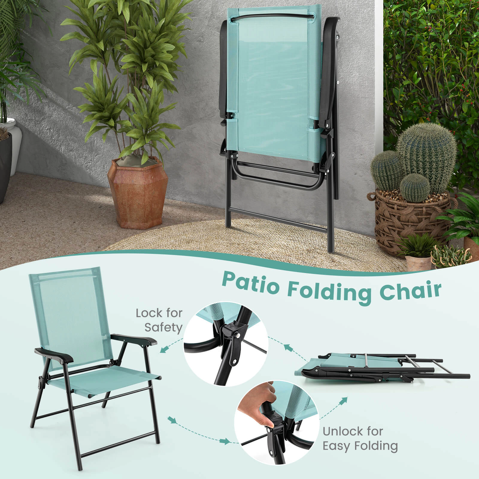 SUGIFT Set of 2 330-lb Capacity Light Green Folding Outdoor Dining Chairs with Armrests and Metal Frame