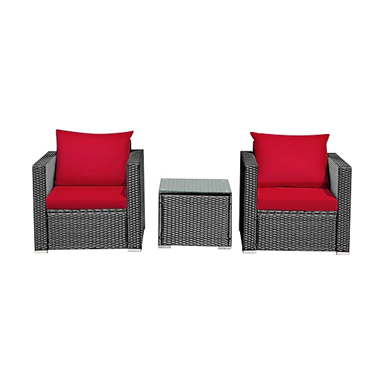 LJG 3 Pcs Patio Conversation Rattan Furniture Set with Cushion