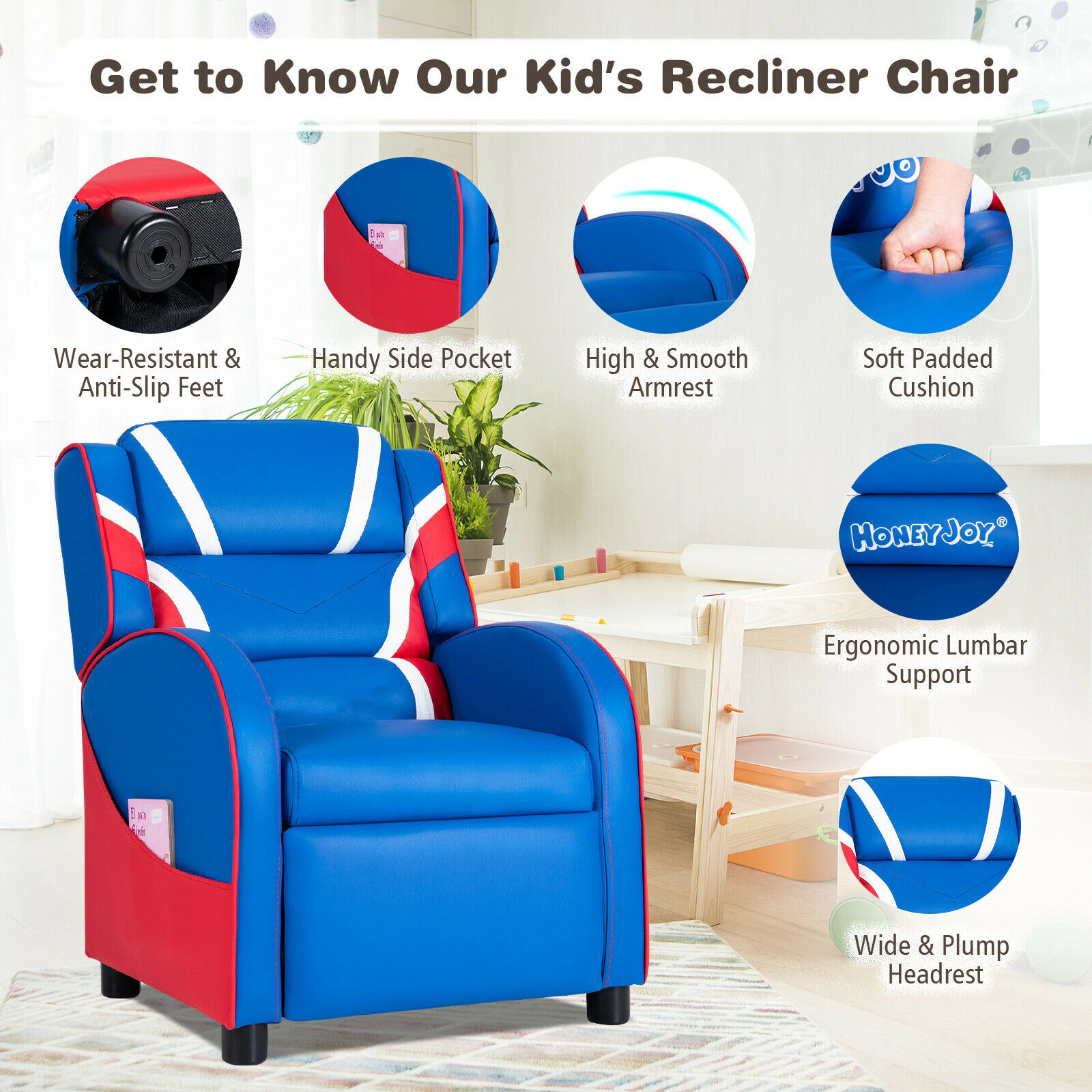 SUGIFT Adjustable PU Leather Kids Recliner Chair with Side Pockets 155-lb Capacity Ages 3-9 30-in Tall Blue