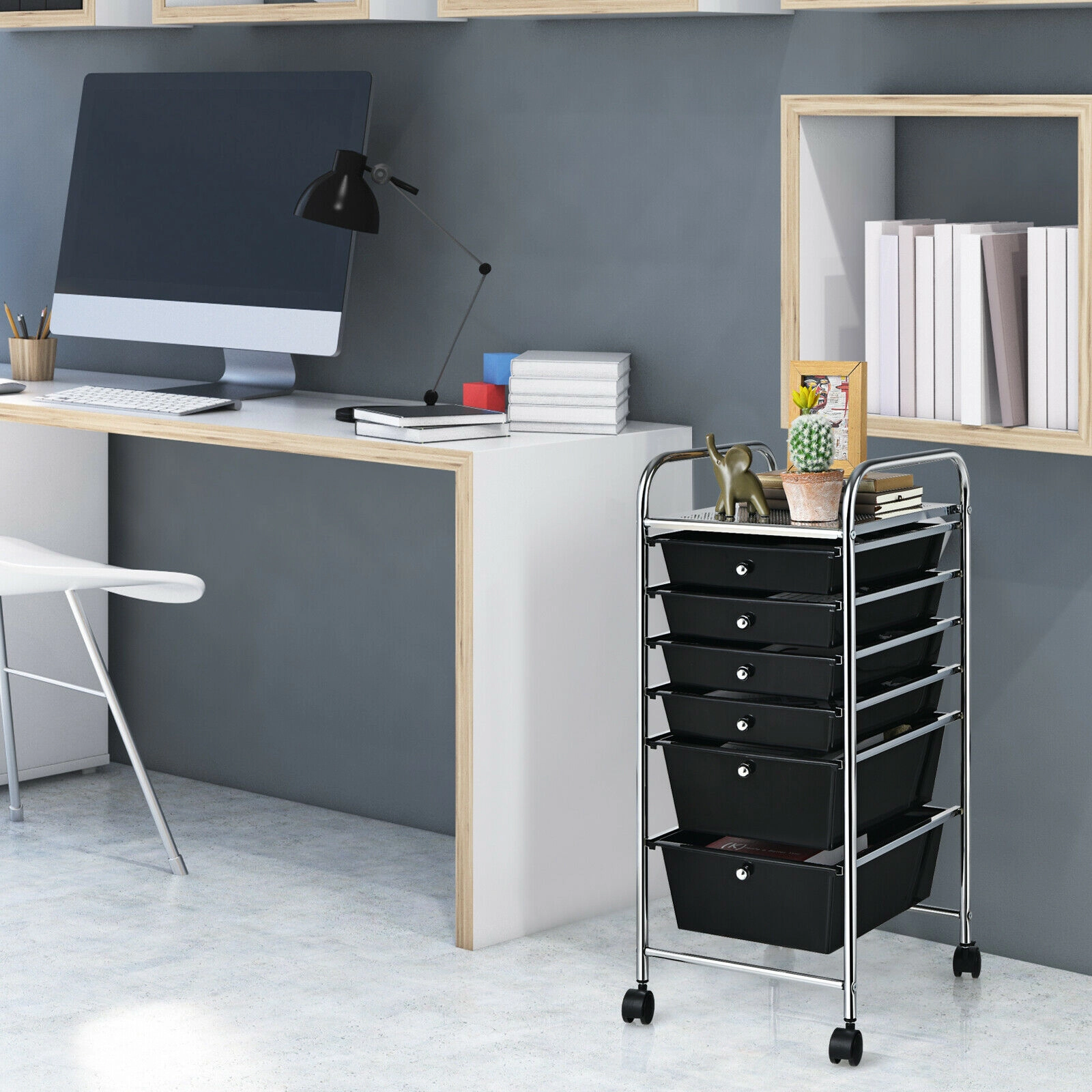 SUGIFT Black 30-in 6-Drawer Rolling Storage Cart with 2 Deep 4 Shallow Clear Drawers and Locking Wheels