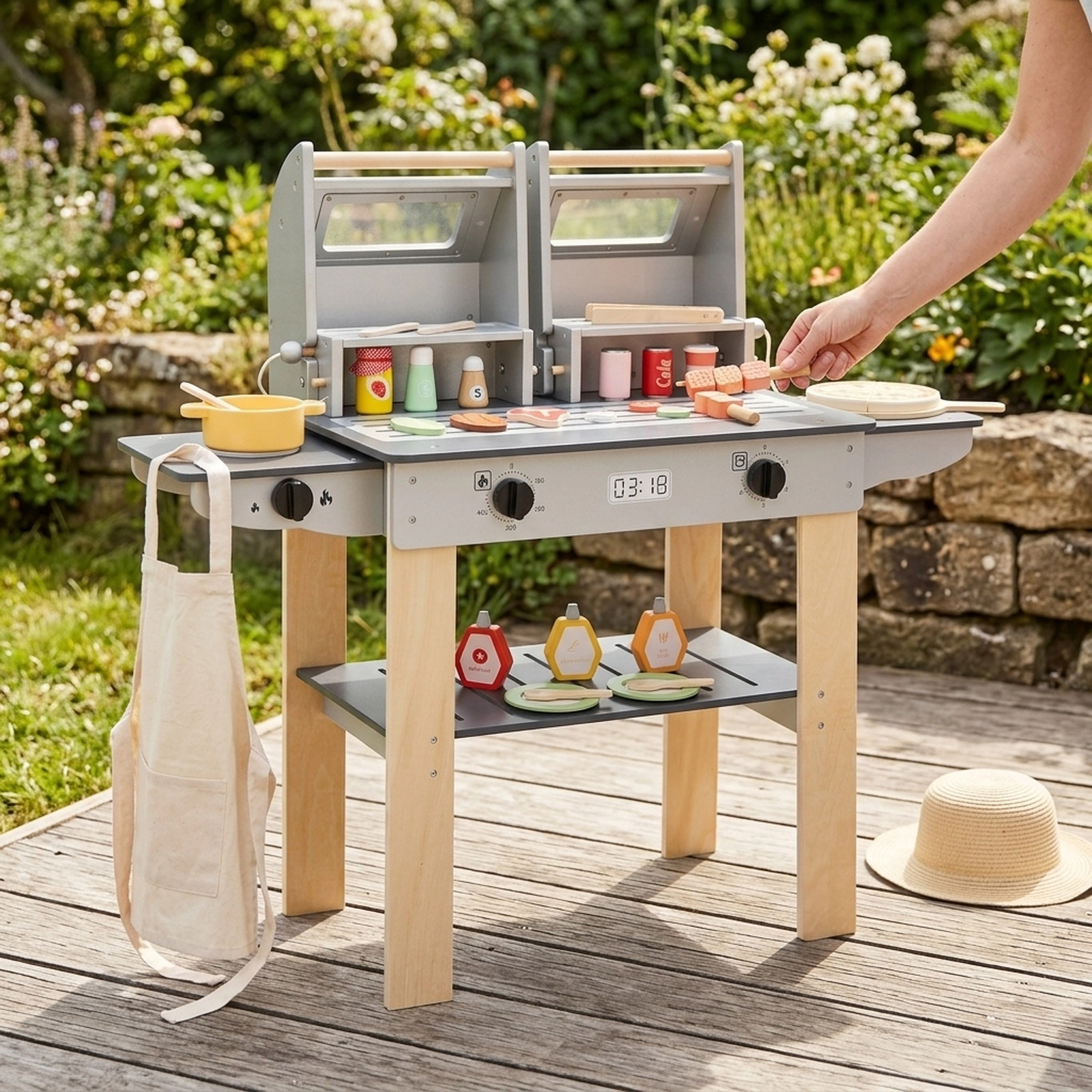 Wooden Kids BBQ Grill Playset Safety Lid Latch See-Through Windows 19-pc Accessory Set 37-in Toy Grill Ages 3+ Grey