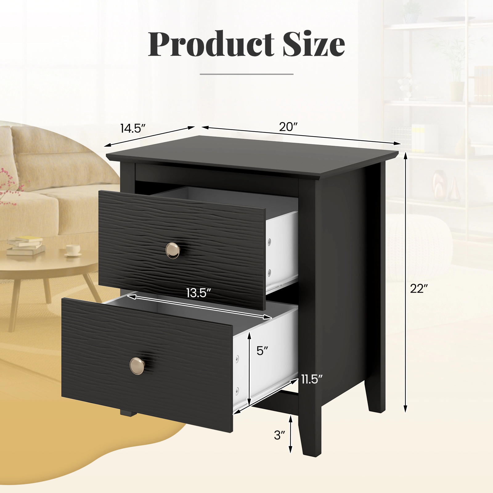 Hivvago Modern Nightstand with 2 Drawers for Small Spaces