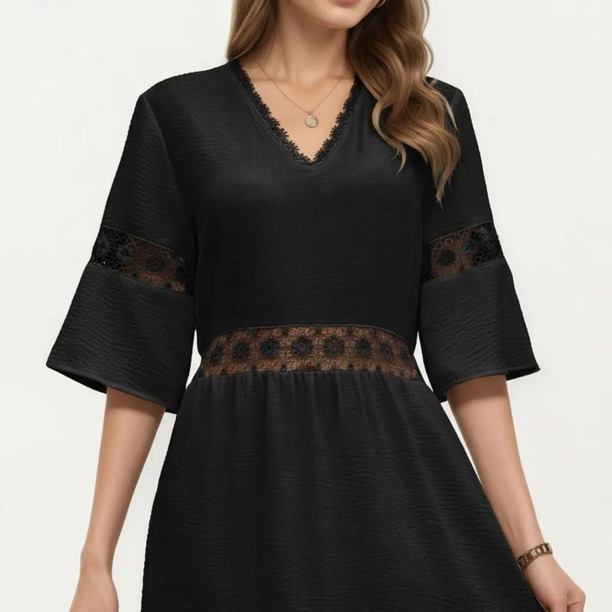 Anna-Kaci Women's V-Neck Lace Trim Paneling Short Wide Sleeves Midi Dress