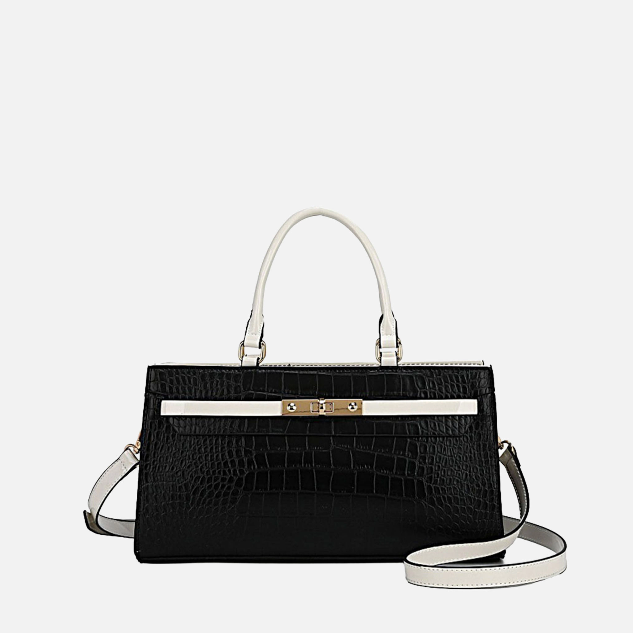 Faux Crocodile-Embossed Wide Satchel with Turn-Lock Clasp