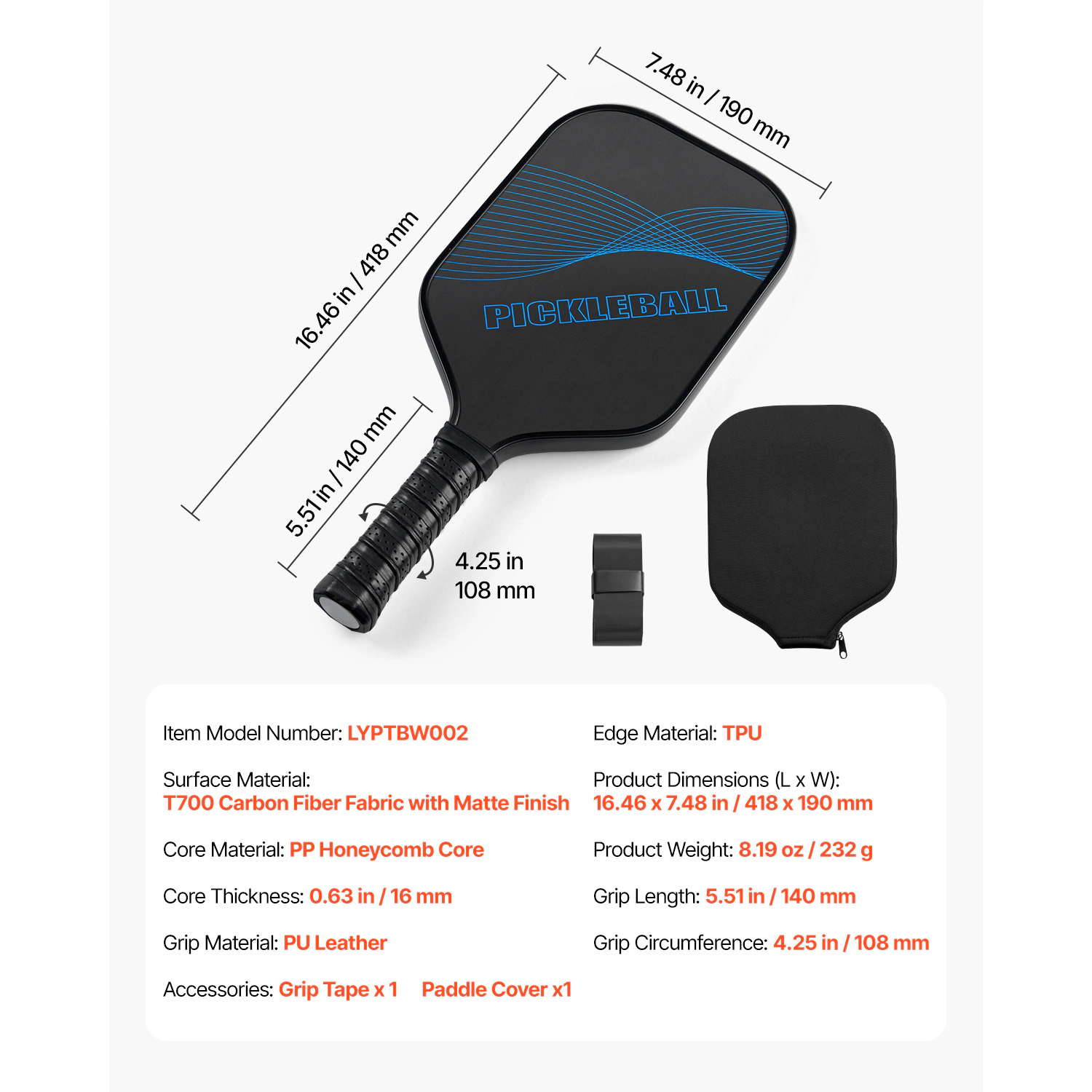 HONGGE Pickleball Paddle, T700 Carbon Fiber Surface & Honeycomb Core