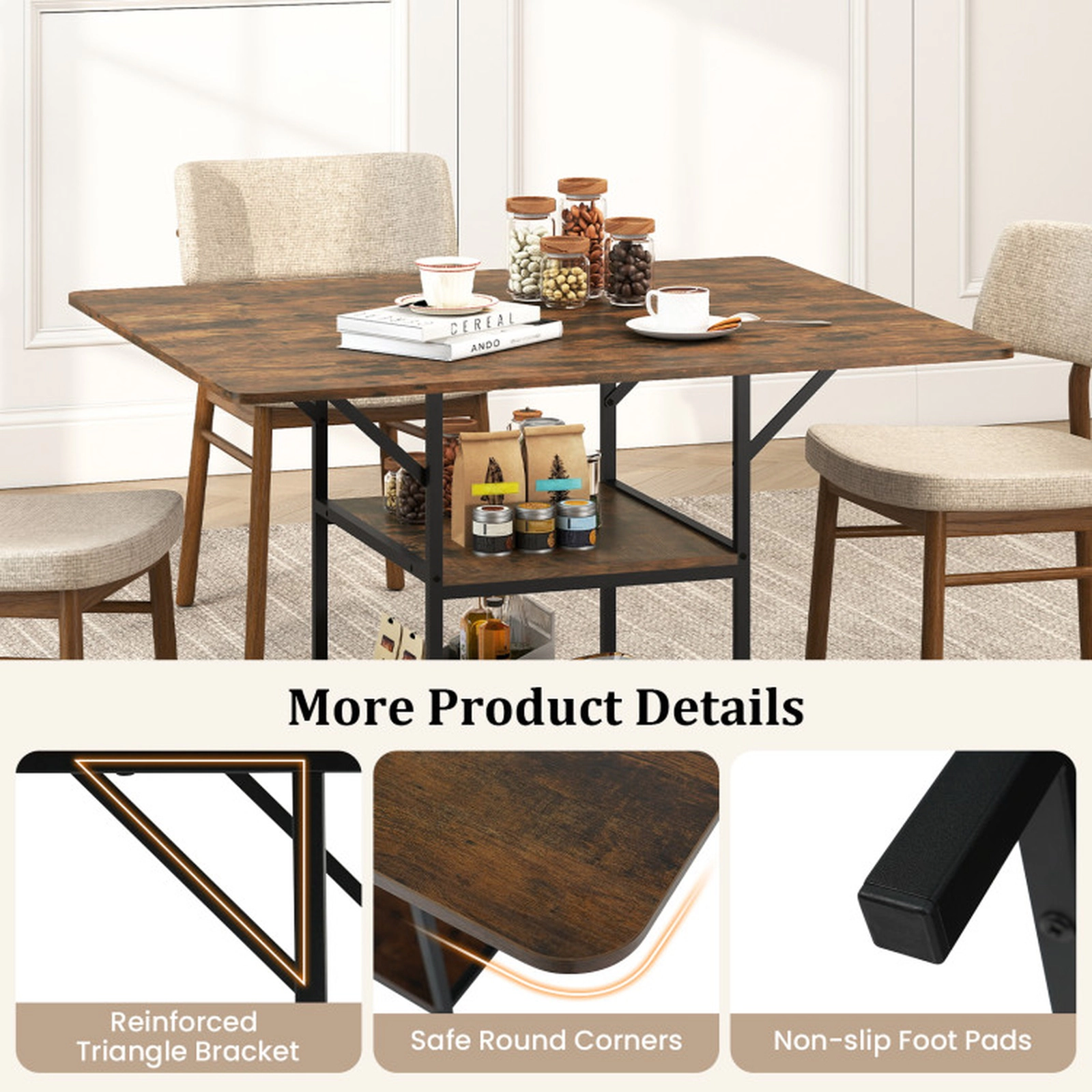 SUGIFT 47-in Rectangular Dining Table 2 Open Storage Shelves 155-lb Tabletop Capacity for 4-6 People Rustic Brown/Black