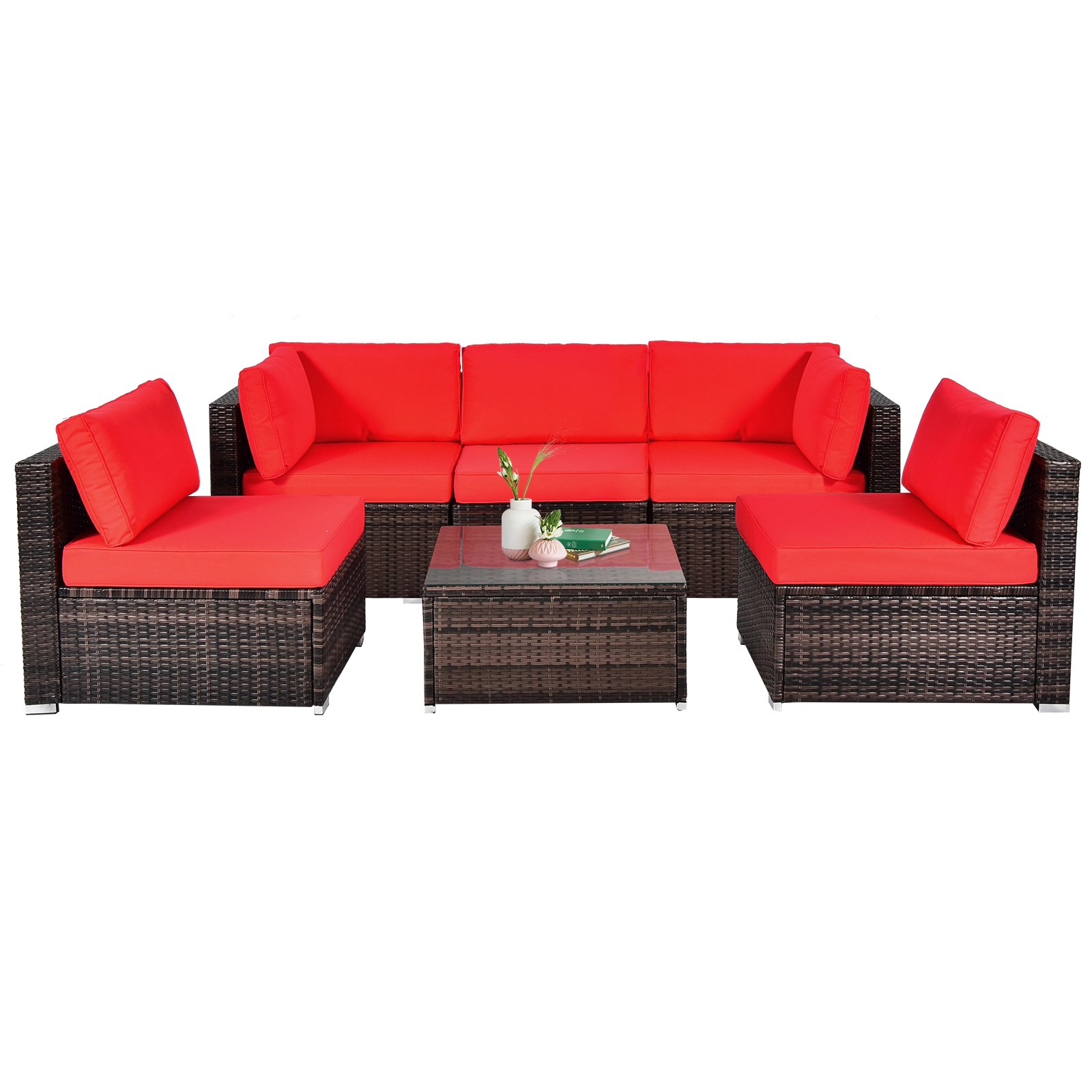 LJG 6 Pieces Patio Rattan Furniture Set with Cushions and Glass Coffee Table