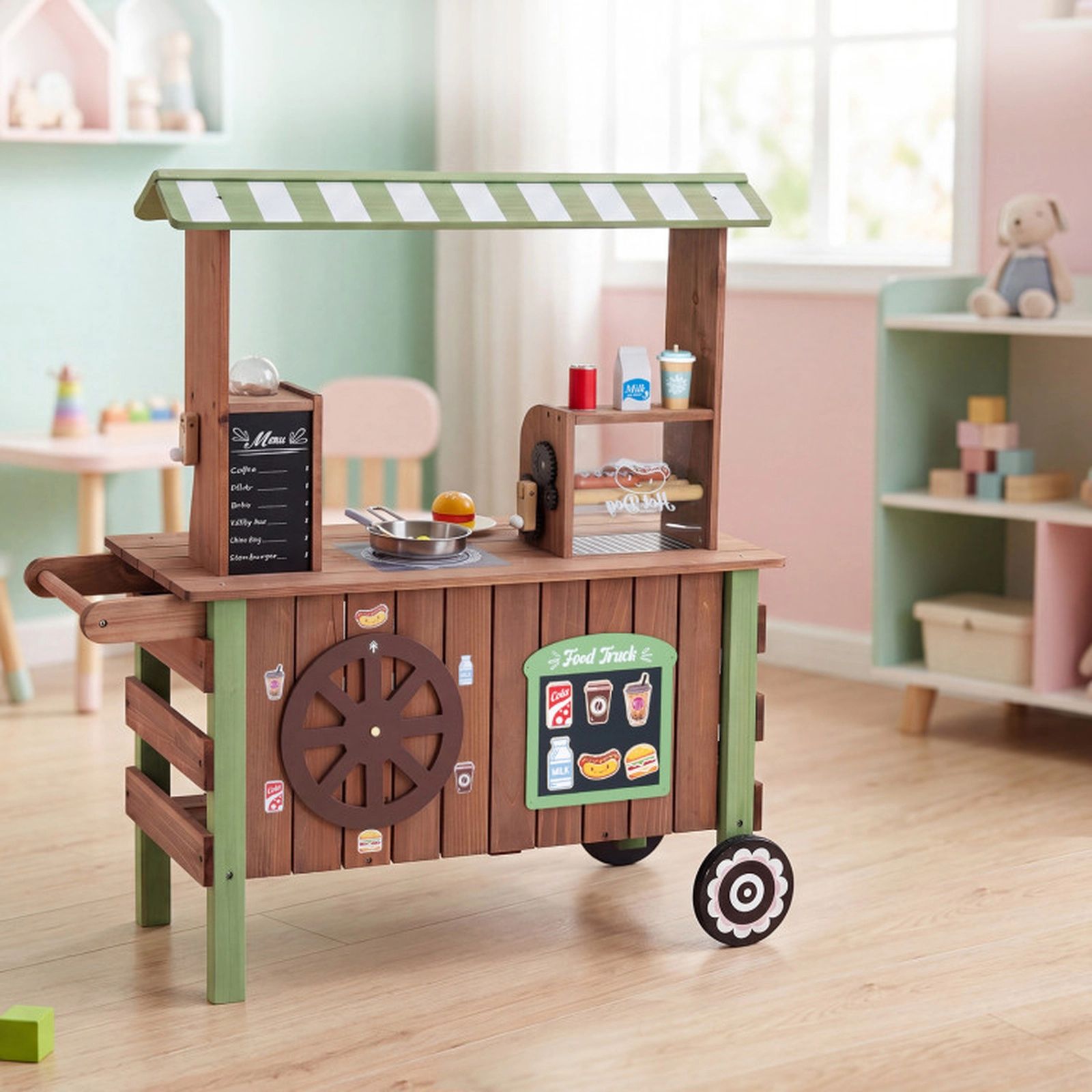 SUGIFT Hot Dog Grill Coffee Maker and Large Wheels Wooden Kids Grocery Store Playset