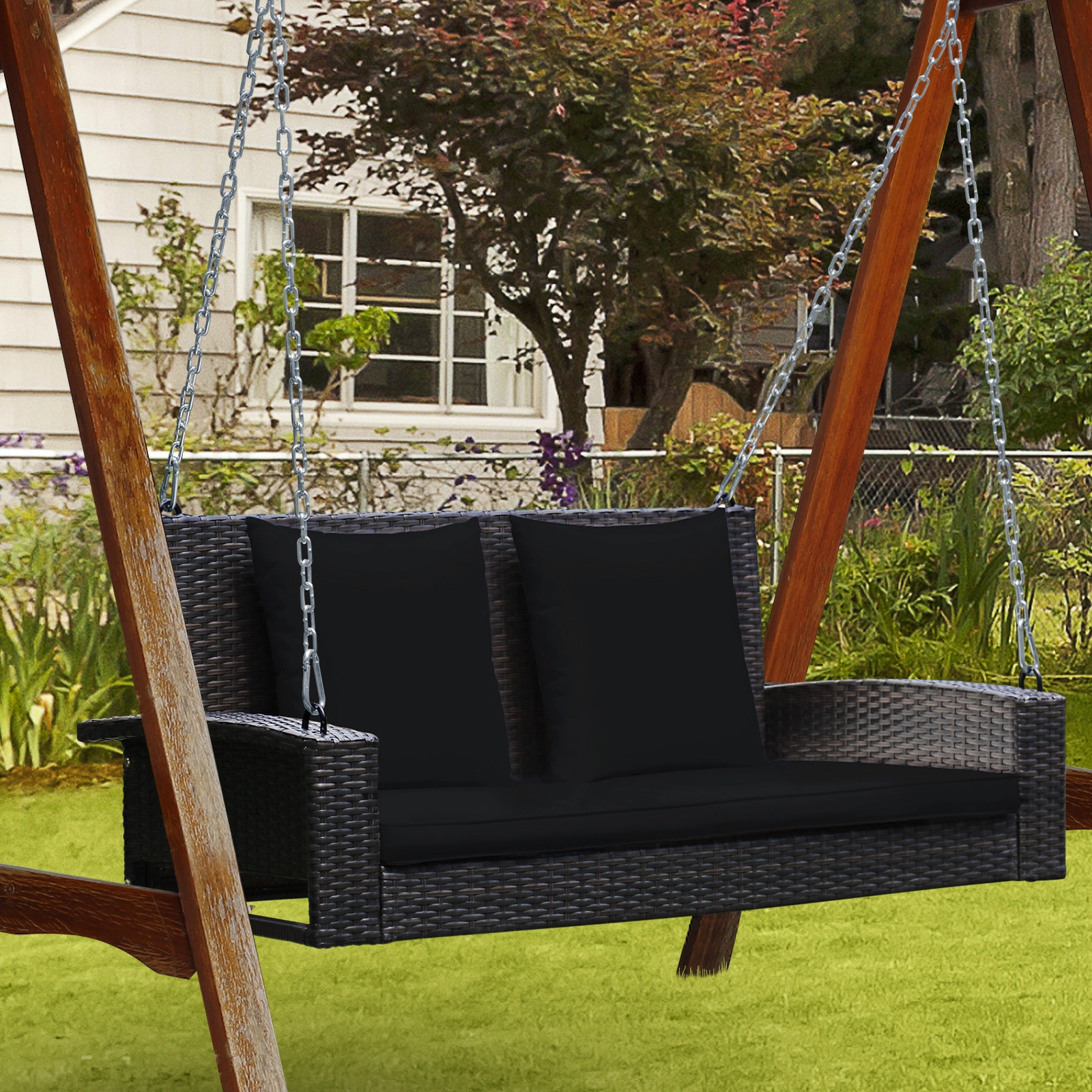 LJG 2-Person Patio Rattan Porch Swing with Cushions