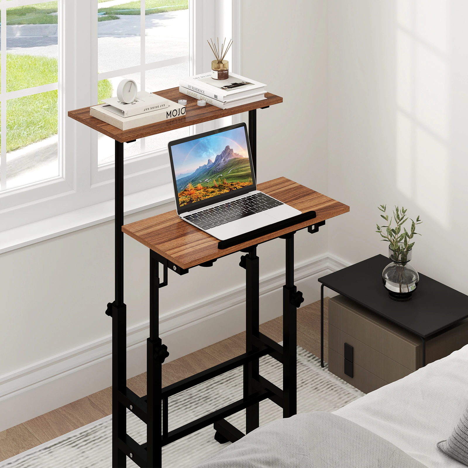 SUGIFT Height-Adjustable Mobile Standing Desk with Split Top 44-lb Capacity Walnut/Natural/Black