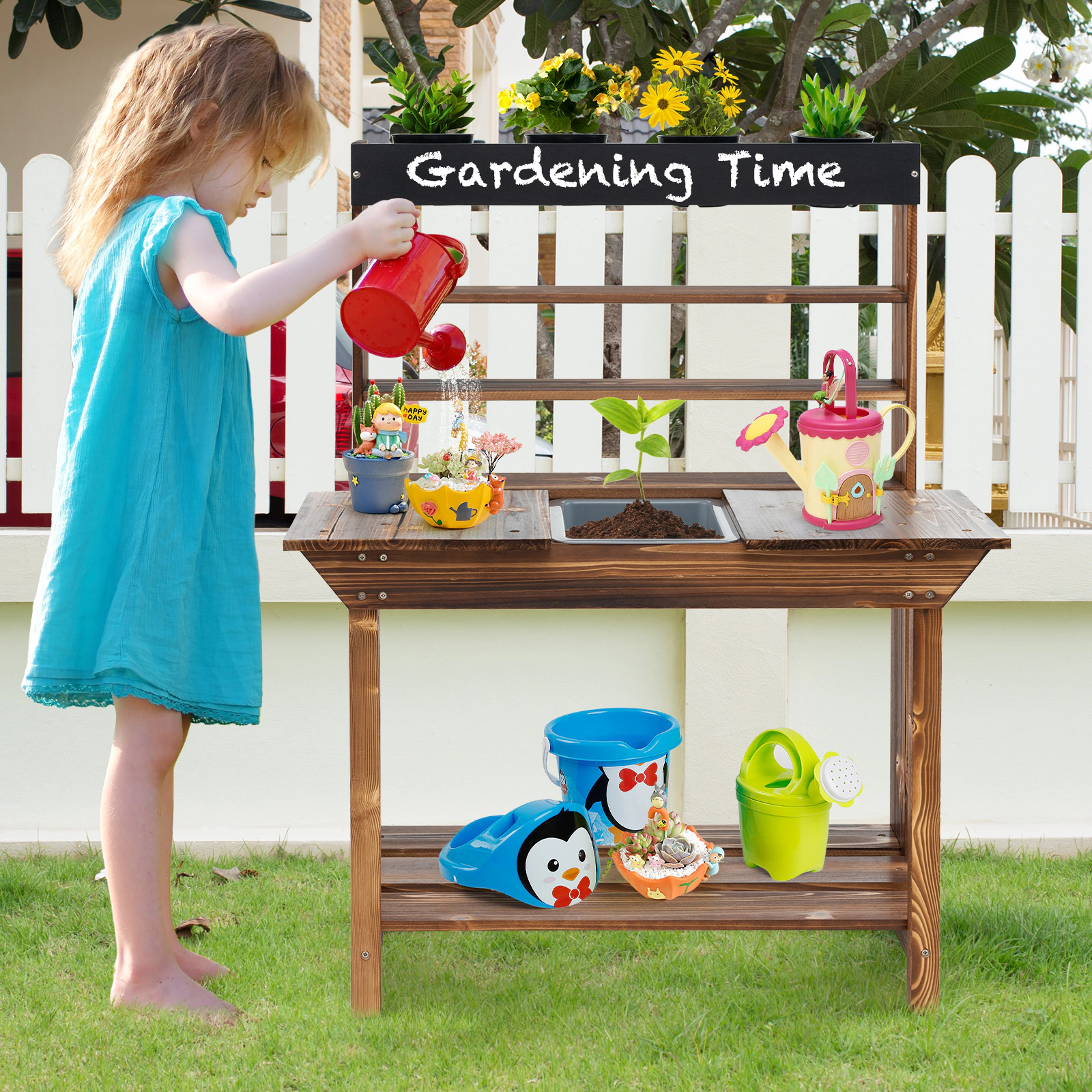 LJG Kids Wooden Potting Bench Table Outdoor Mud Kitchen with Solid Fir Wood Frame