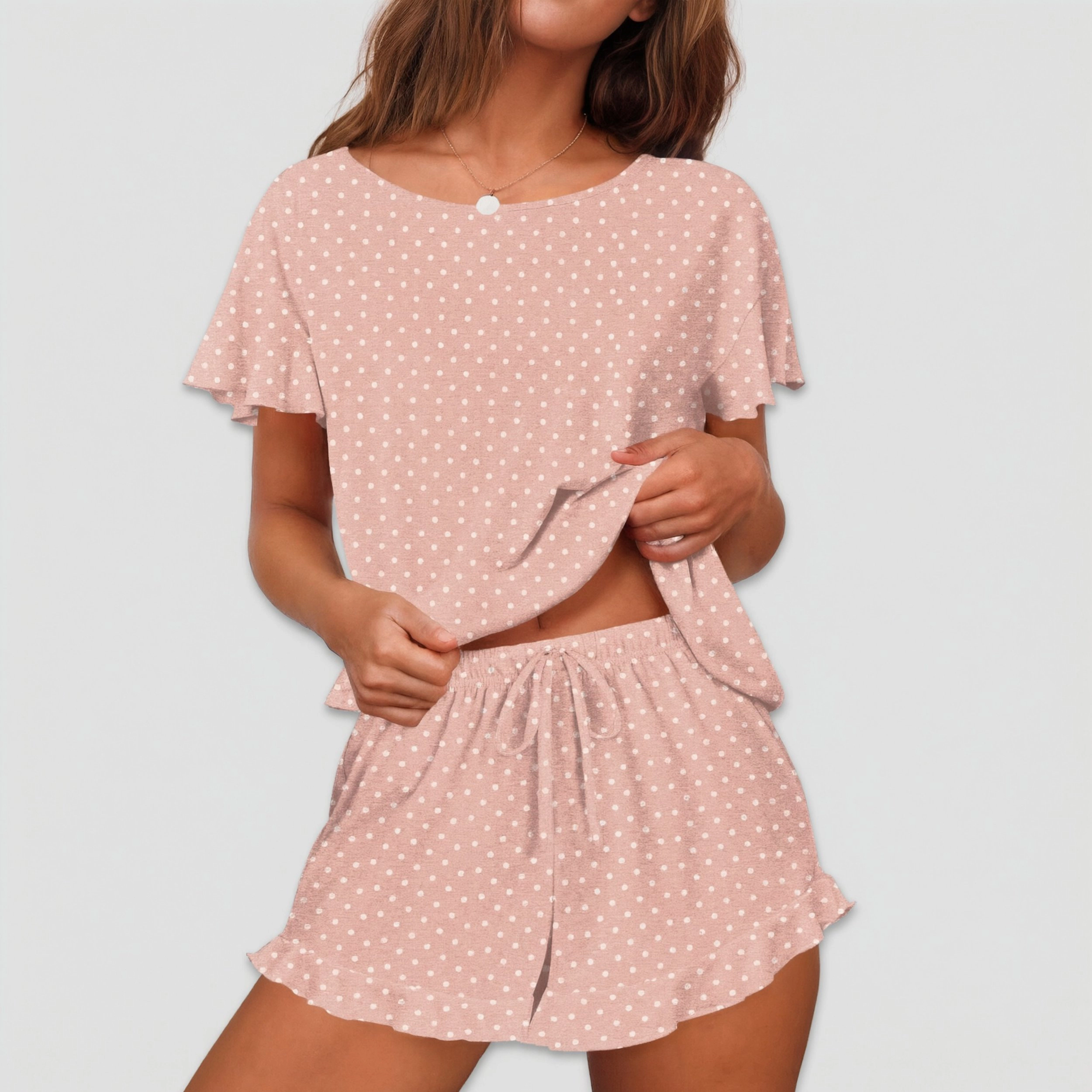 Ekouaer Women's Pajama Set Ruffle Sleeves Top and Short Soft 2 Piece Loungewear