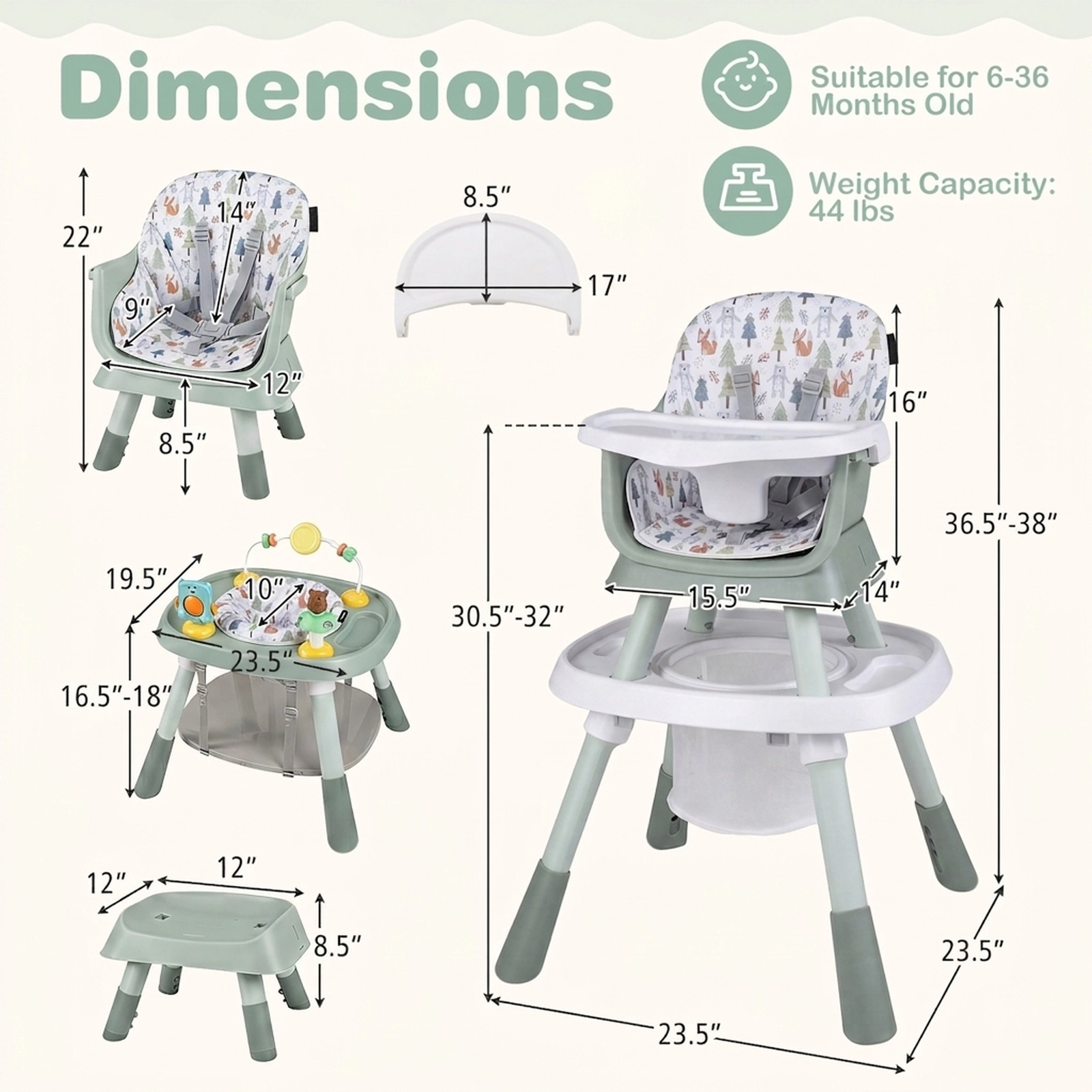 Convertible Baby High Chair Strap-On Booster Seat Floor Chair Mode Waterproof Cushion for 6 Months to 3 Years