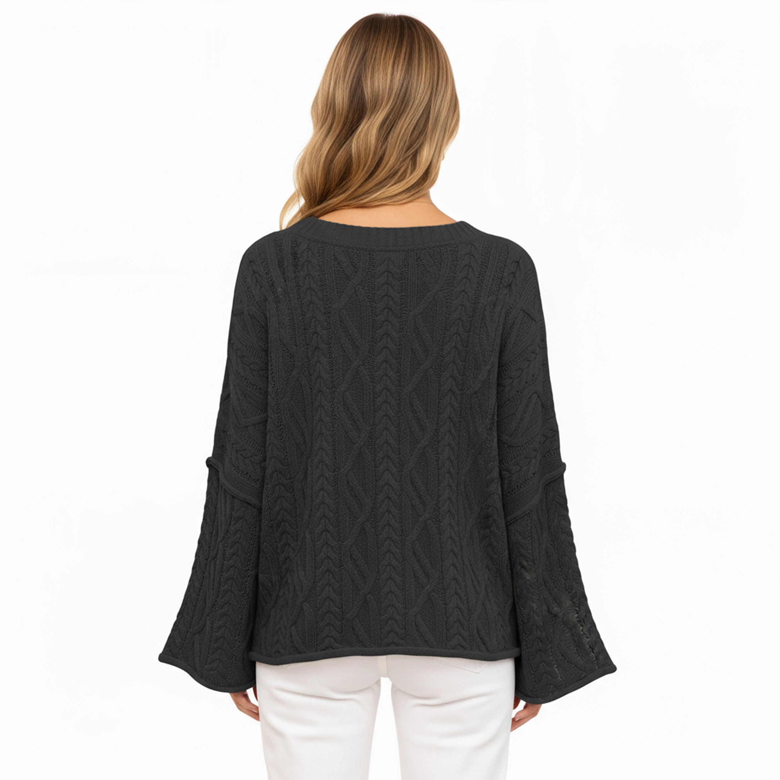 Anna-Kaci Women's Cable Knit Pullover Sweater with Relaxed Fit and Wide Cuff Sleeves