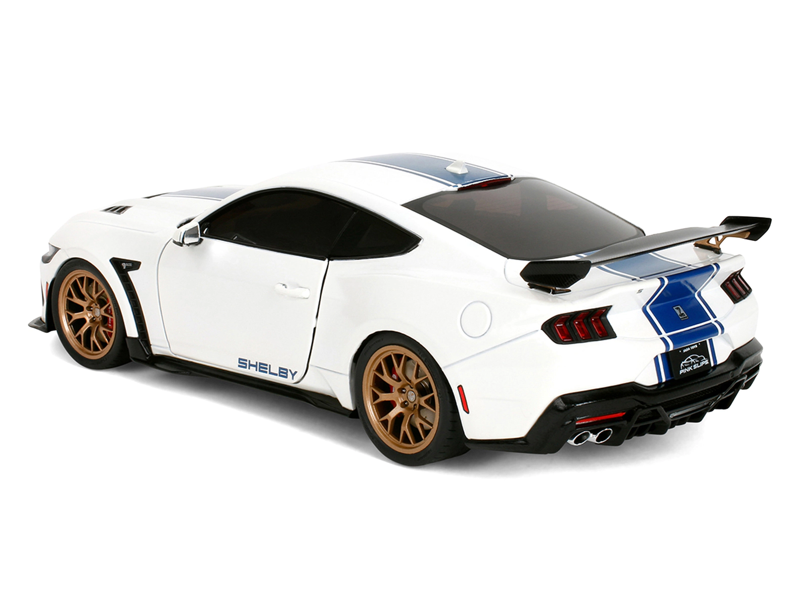 Jada Ford Mustang Shelby Super Snake White Metallic with Blue Stripes and Gold Wheels "Pink Slips" Series 1/18