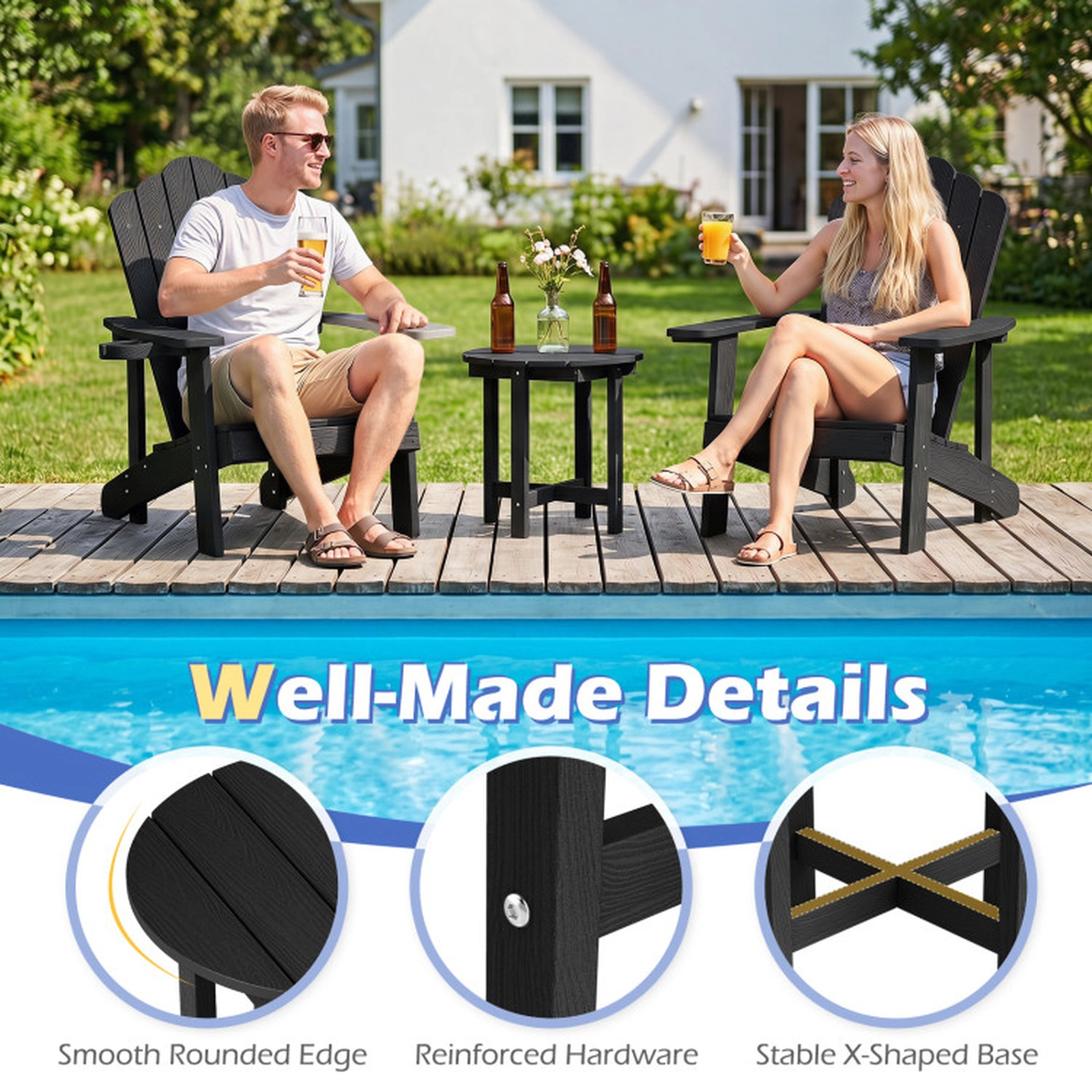 SUGIFT All-Weather HIPS Adirondack Side Table 18-in Square Top 66-lb Capacity Outdoor Accent Table 1-Piece Black