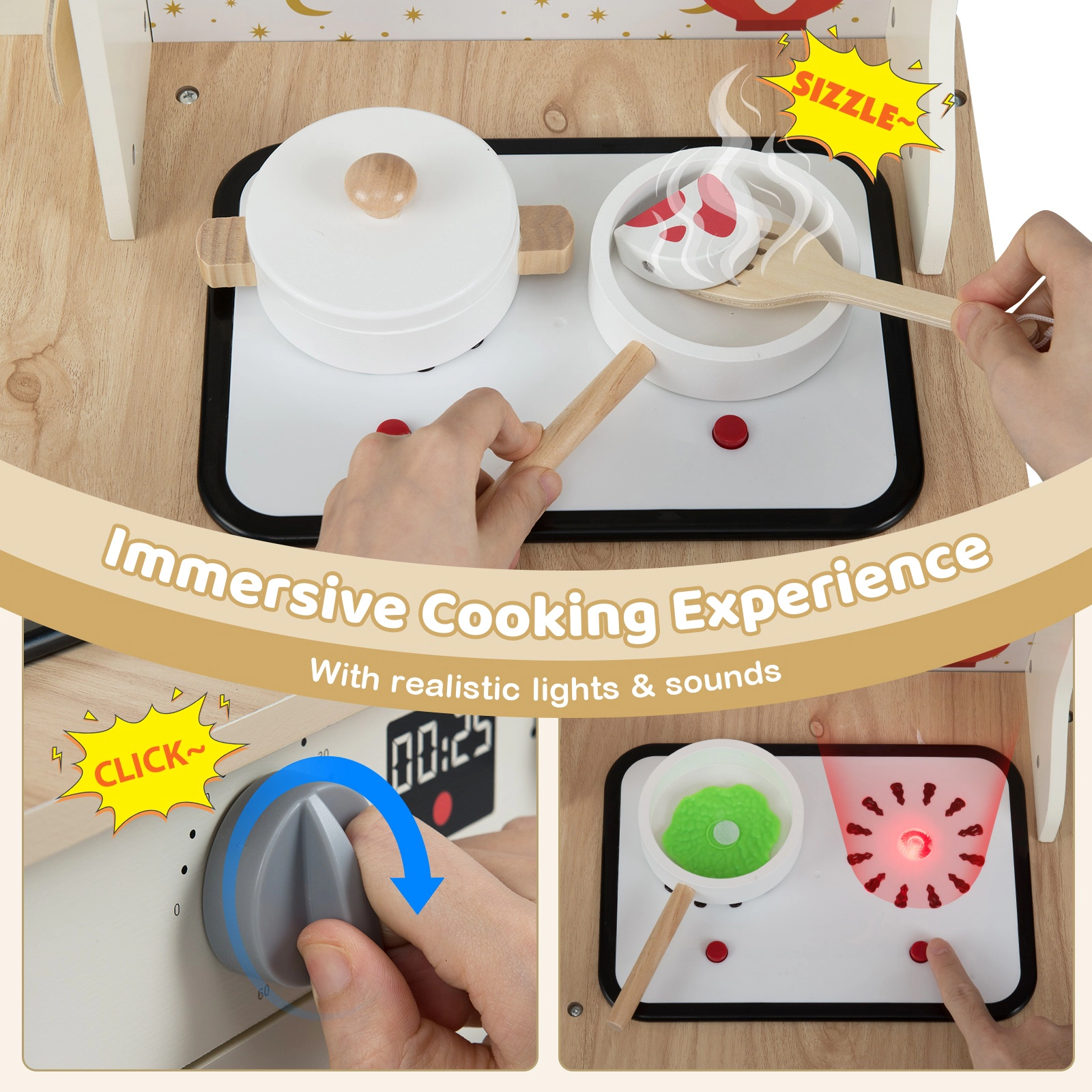SUGIFT Beige Working Faucet Sink and Washing Machine Kids Wooden Corner Play Kitchen