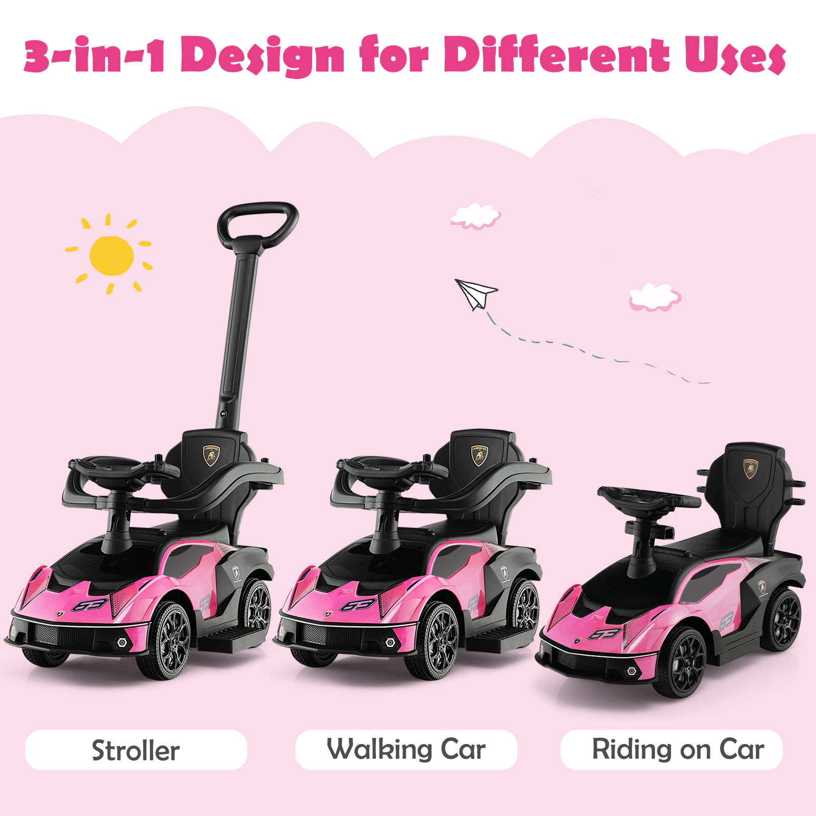 SUGIFT Toddler Pink 3-in-1 Ride On Push Car with Parent Handle and Guardrail 34-in W 35.5-in H 55-lb Seat Capacity