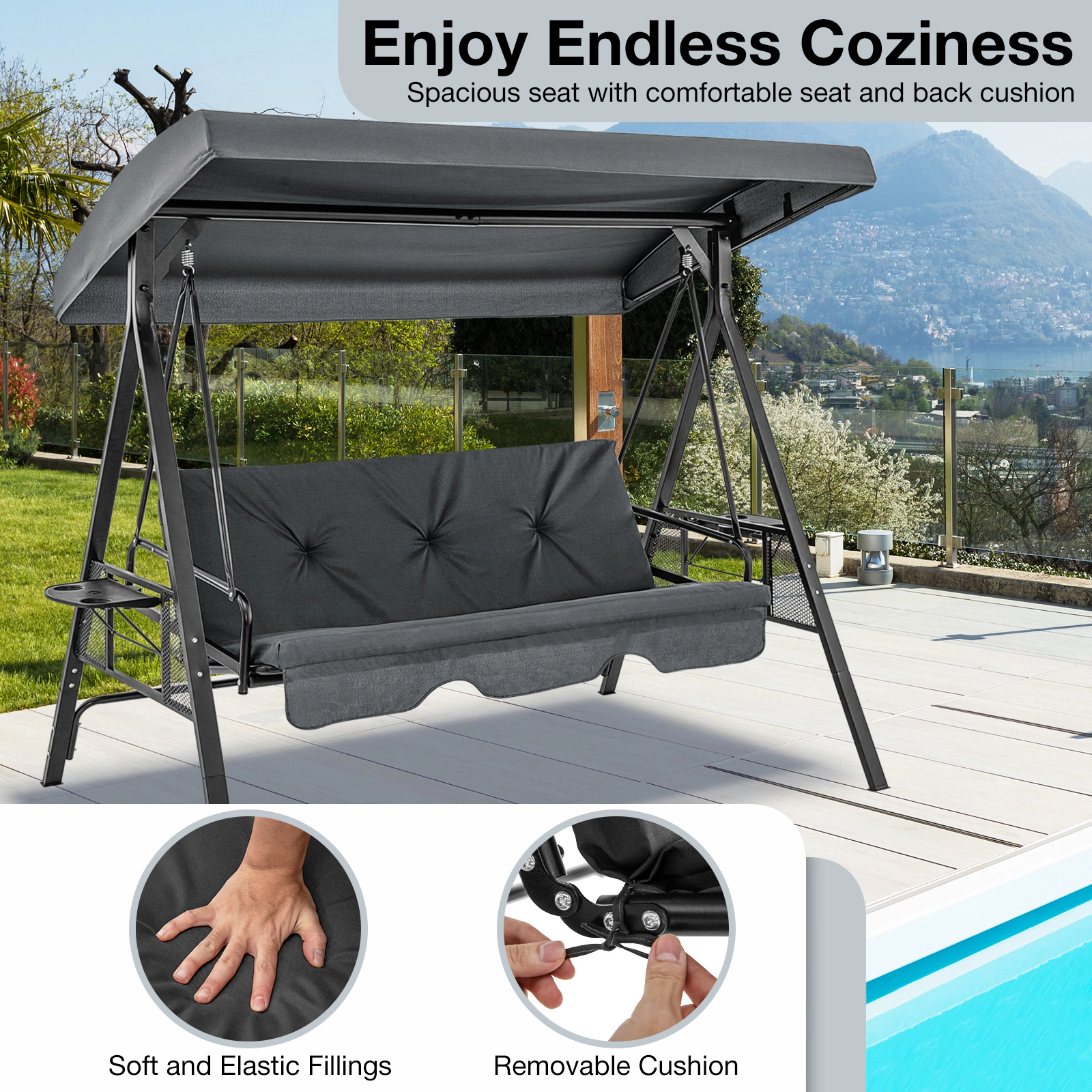 SUGIFT Gray Canopy and Side Table 3-Seat Convertible Porch Swing to Flat Bed