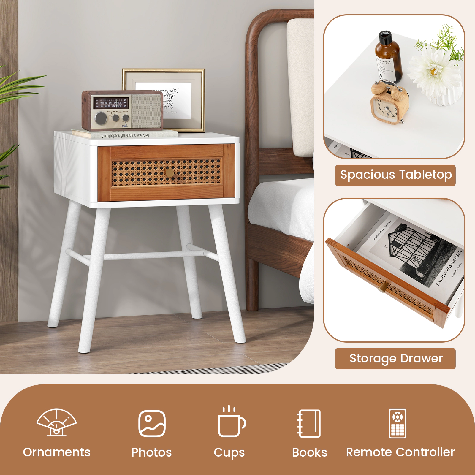 SUGIFT Rattan Drawer Mid Century Nightstand Accent Table 110-lb Tabletop Capacity White + Brown