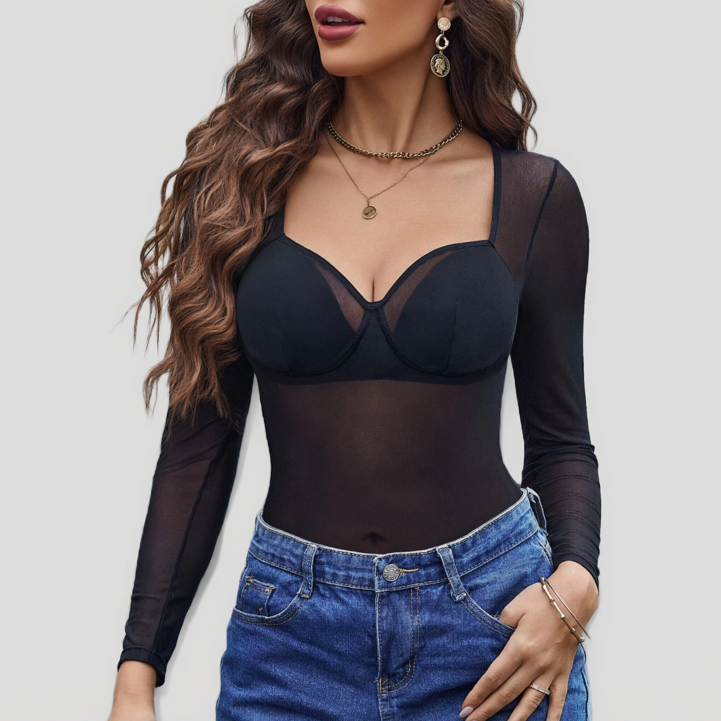 Avidlove Women's Lace Mesh Long Sleeve Bodysuit Jumpsuit