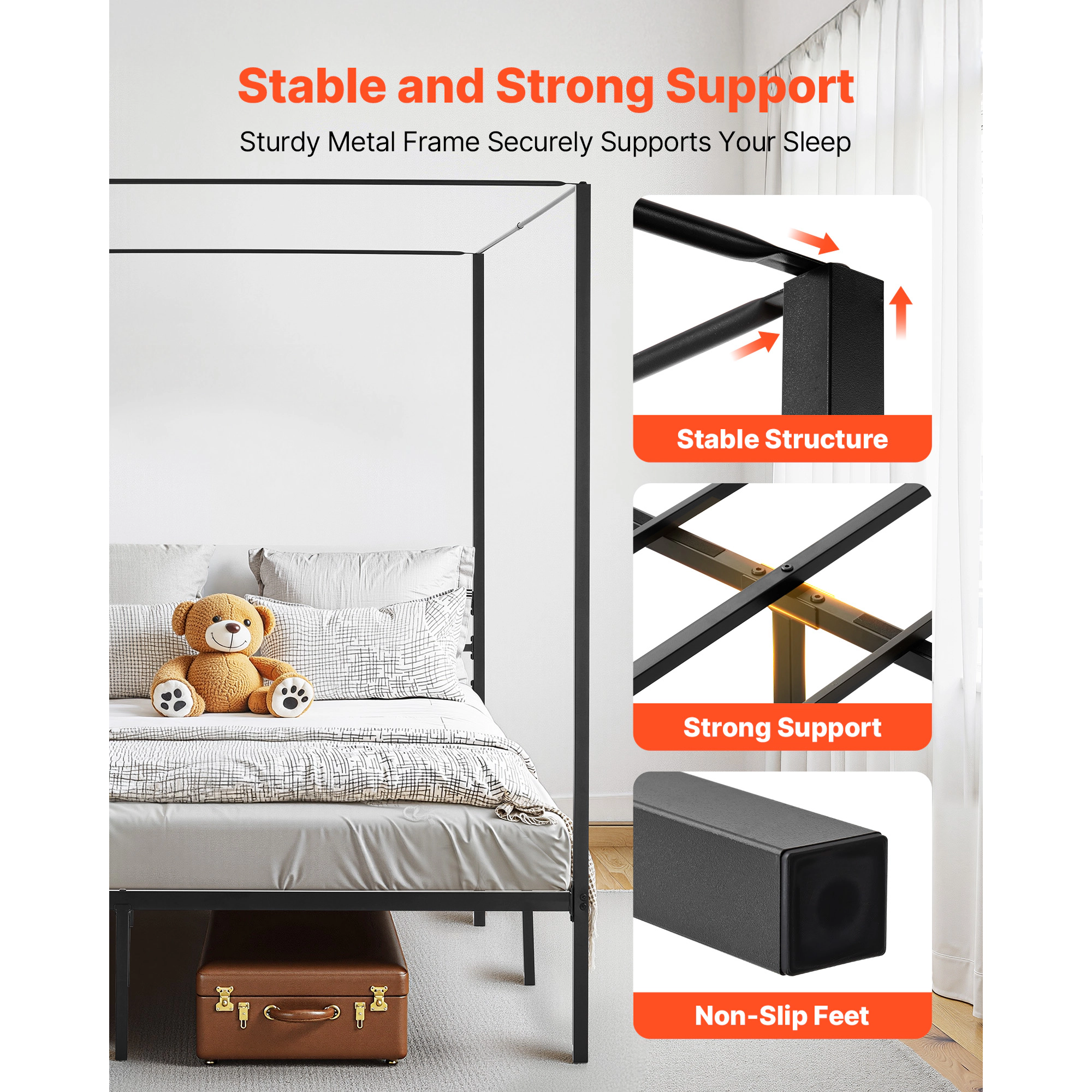 HONGGE Canopy Bed Frame Metal Canopy Bed with Four Posters Design Heavy Duty Steel Slats Support Underbed Storage Space