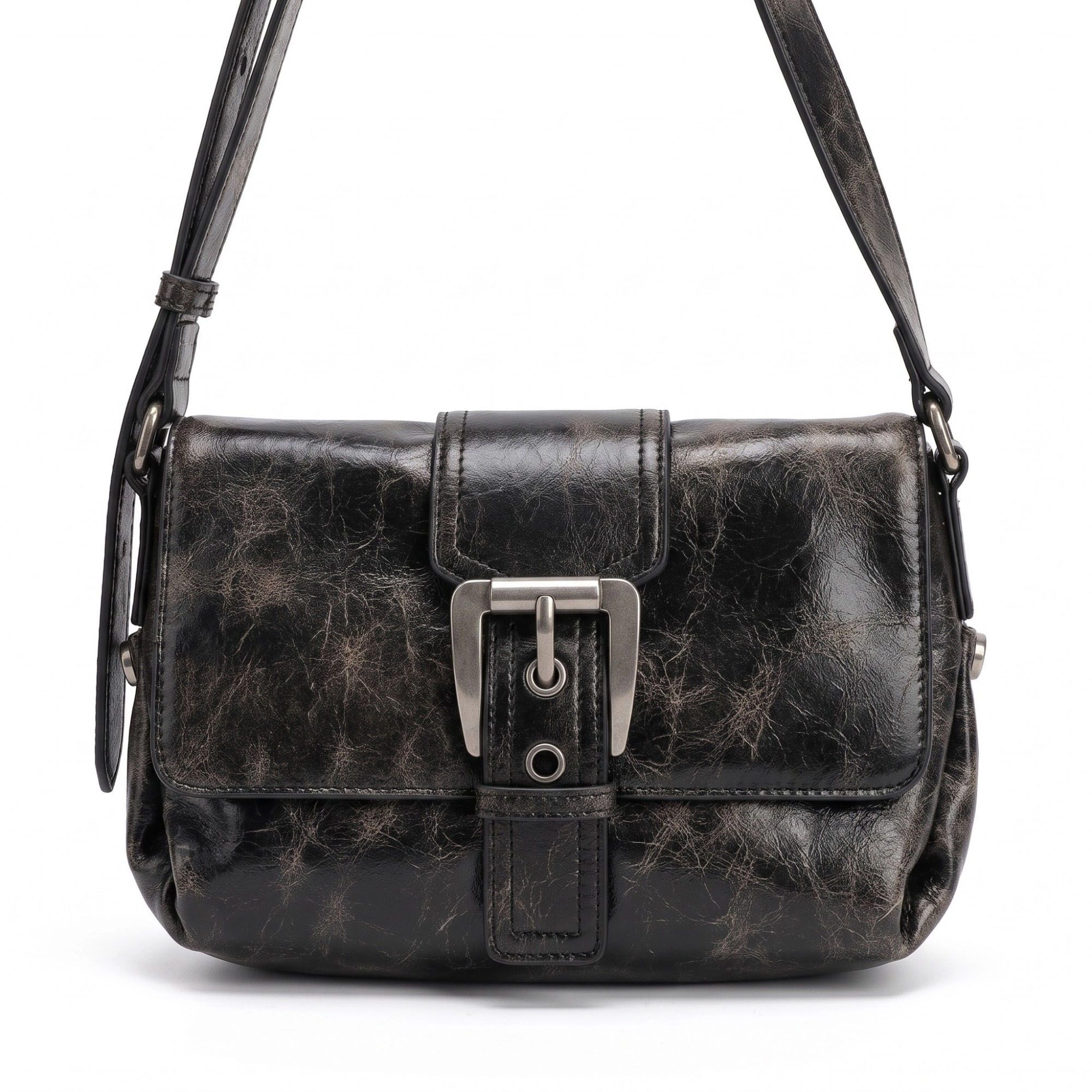 Alilang Women's Distressed-Look Flap Shoulder Bag with Metal Clasp