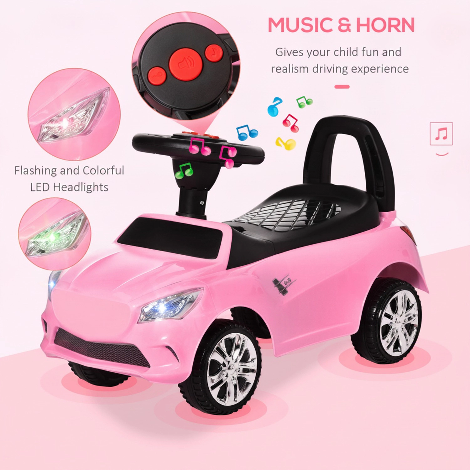 HONGGE Foot-to-Floor Kids Push Ride-On Car with Working Horn, Music and Headlights, Pink