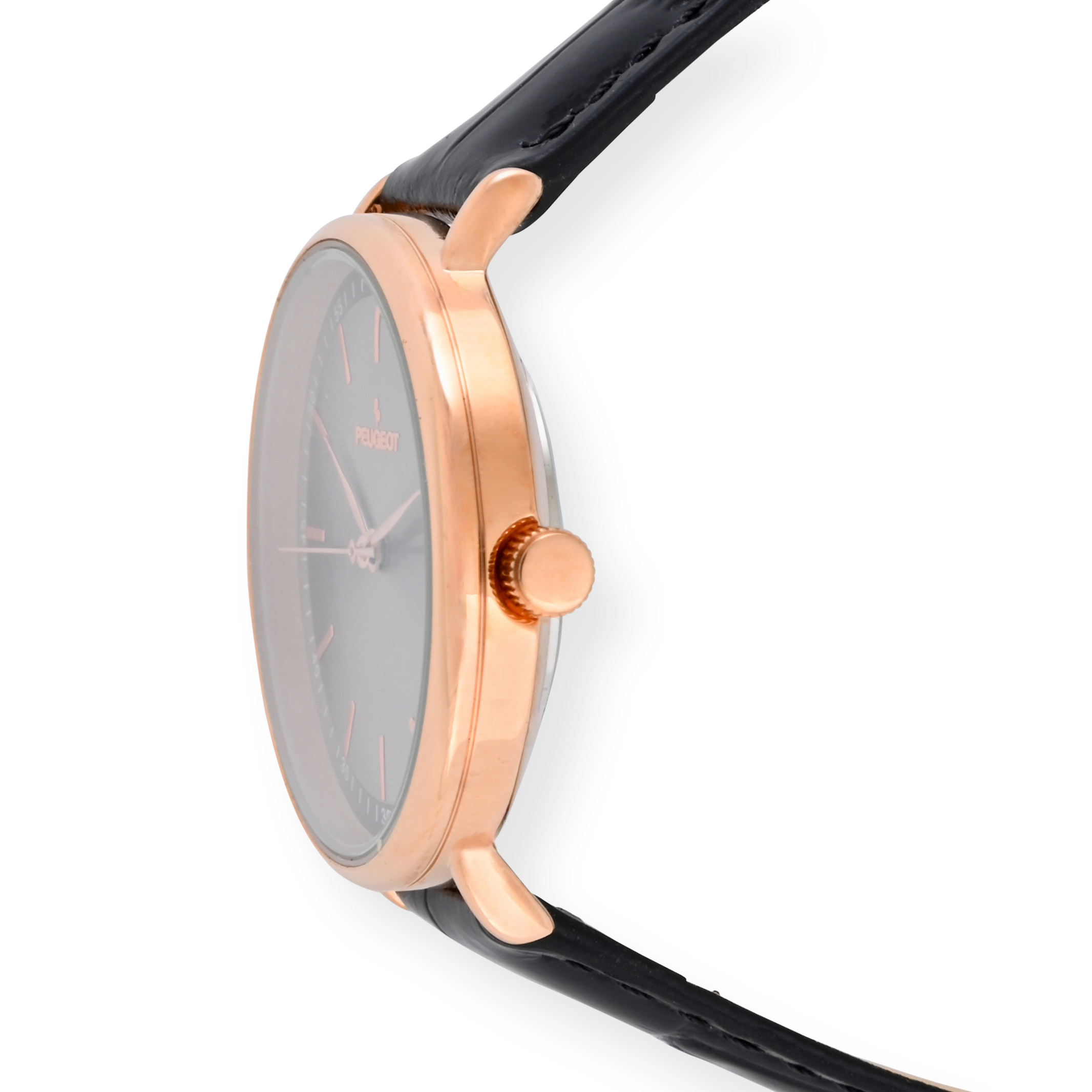 Peugeot Women's 30mm Rose Gold Case Watch with Black Genuine Leather Band
