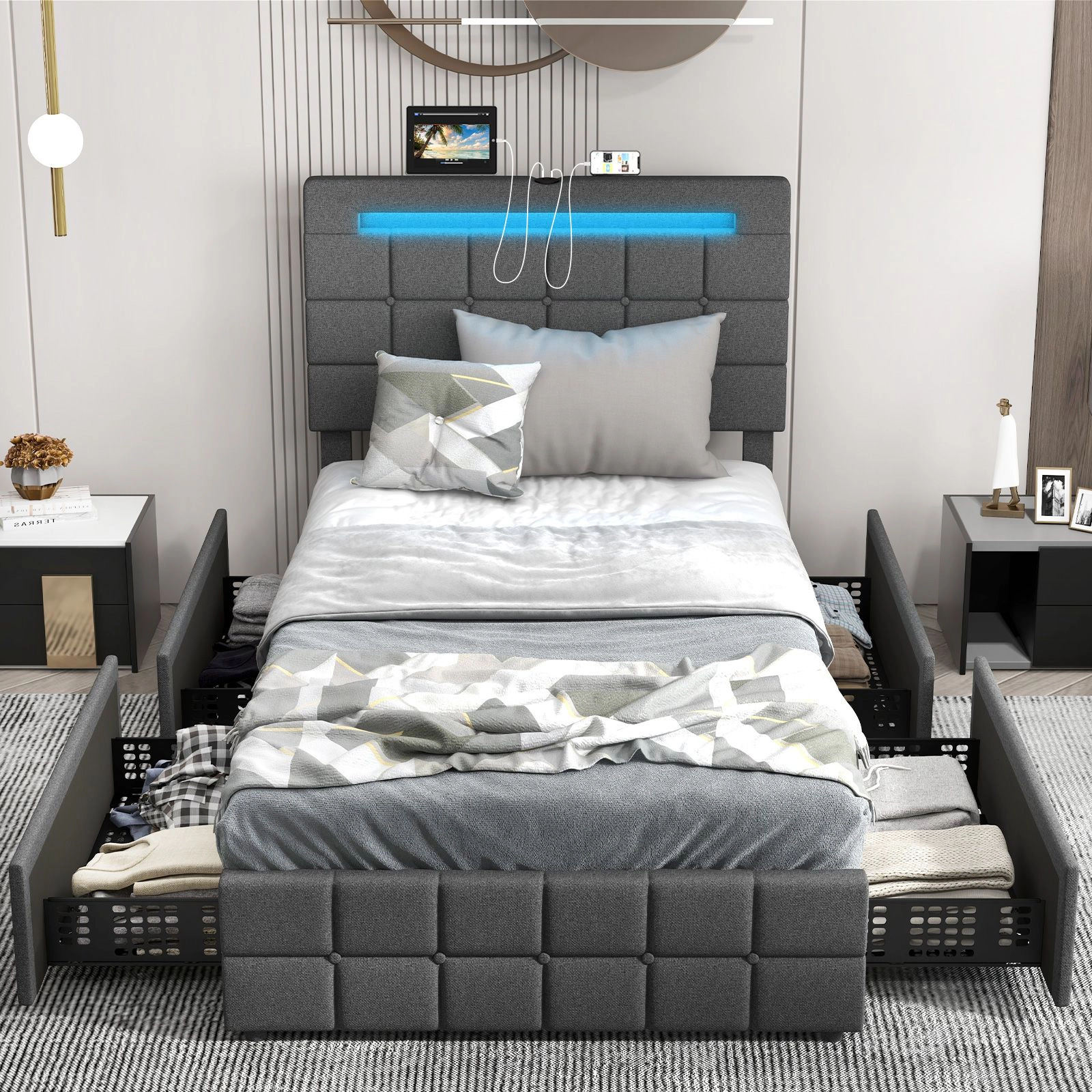 SlickBlue Modern Fabric Bed with RGB Headboard Lights and Adjustable Height Design