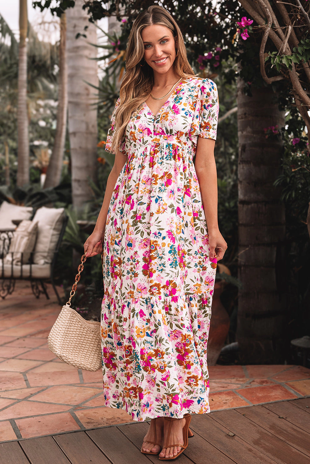 Threaded Pear Women's Kaitlyn Floral Short Sleeve Maxi Dress