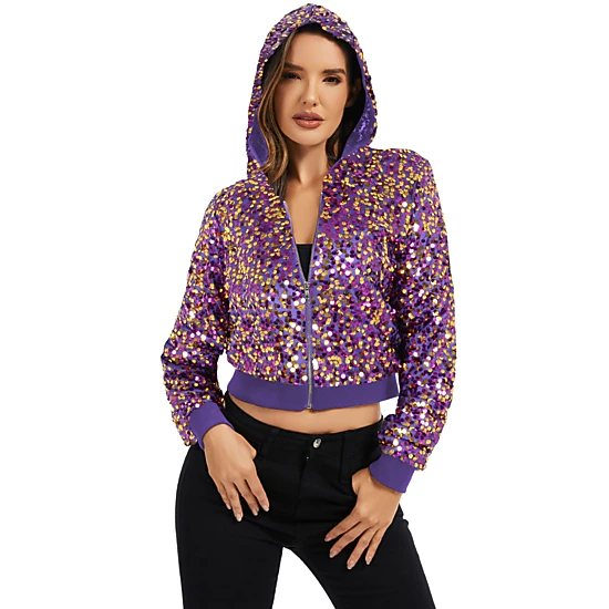 Anna-Kaci Women's Sequin Zip-Up Hooded Jacket with Ribbed Hem and Long Sleeves