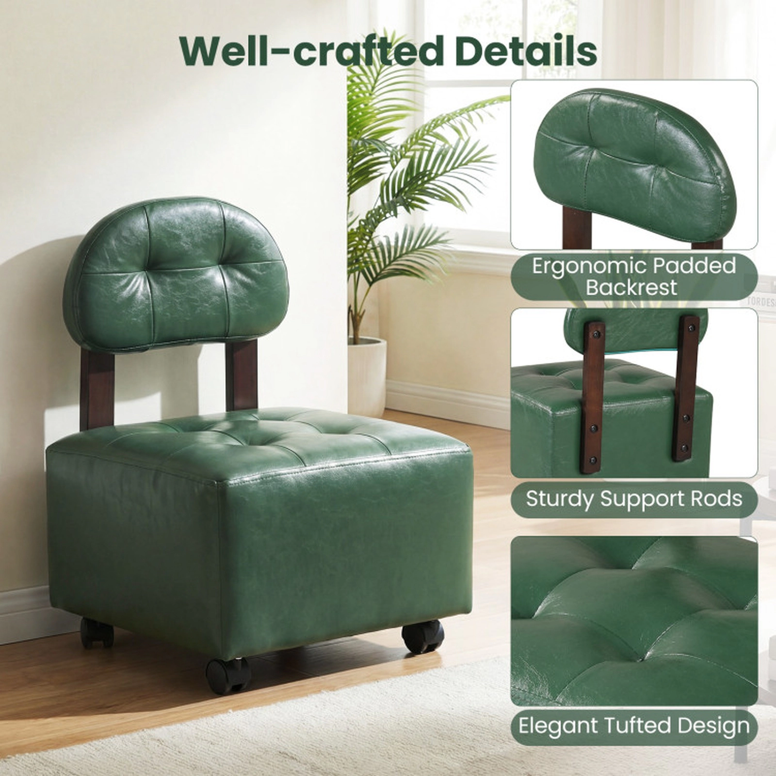 SUGIFT Green Backrest and Lockable Swivel Wheels Set of 2 Small Rolling Footstools