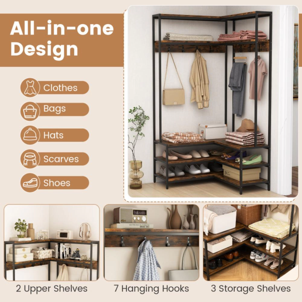 Hivvago Corner Garment Rack with Open Shelves and 7 Hooks Shoe Bench-Rustic Brown