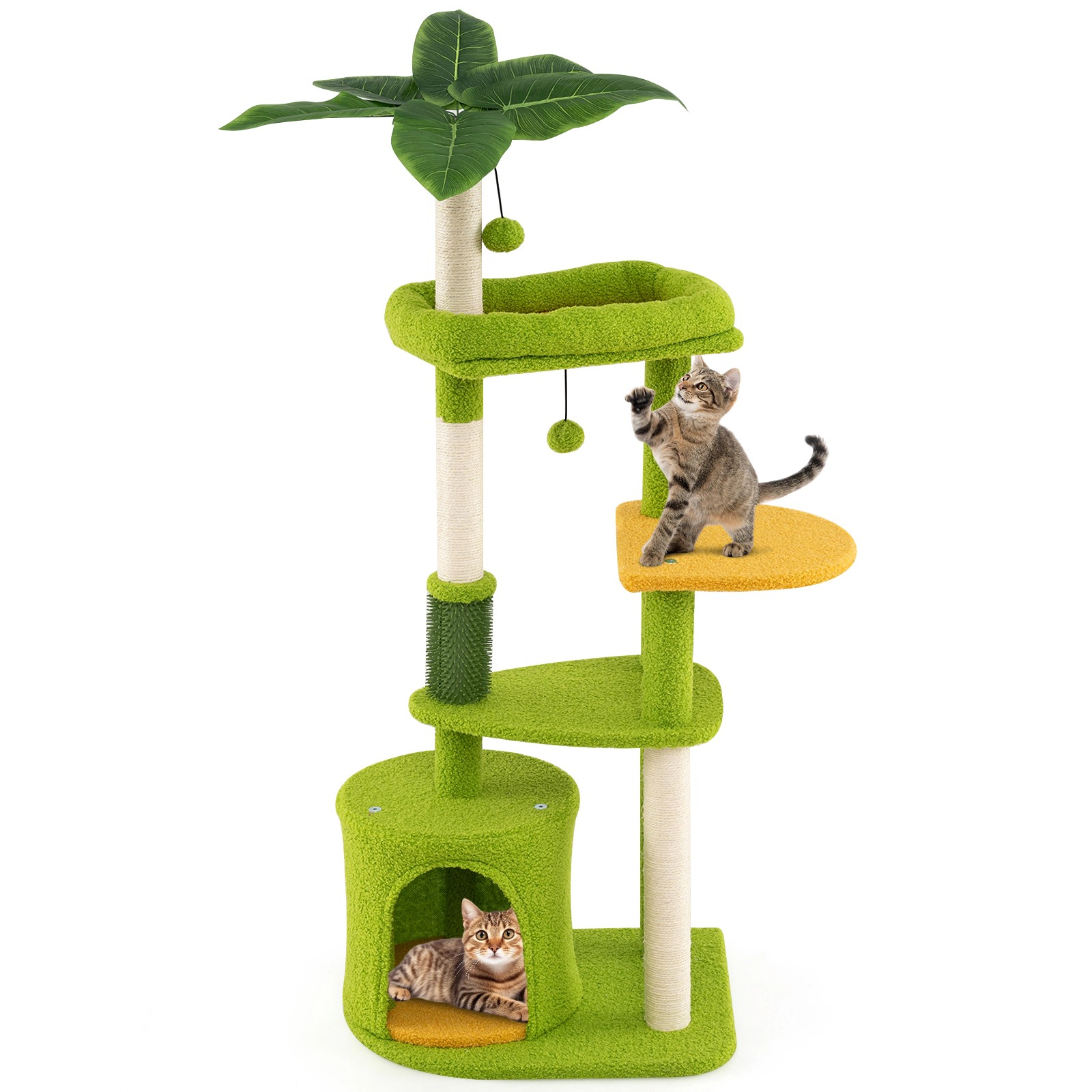 Glintex 48-Inch Tropical Cat Tower with Artificial Plants Self-Groomer and Anti-Tip Device, Green