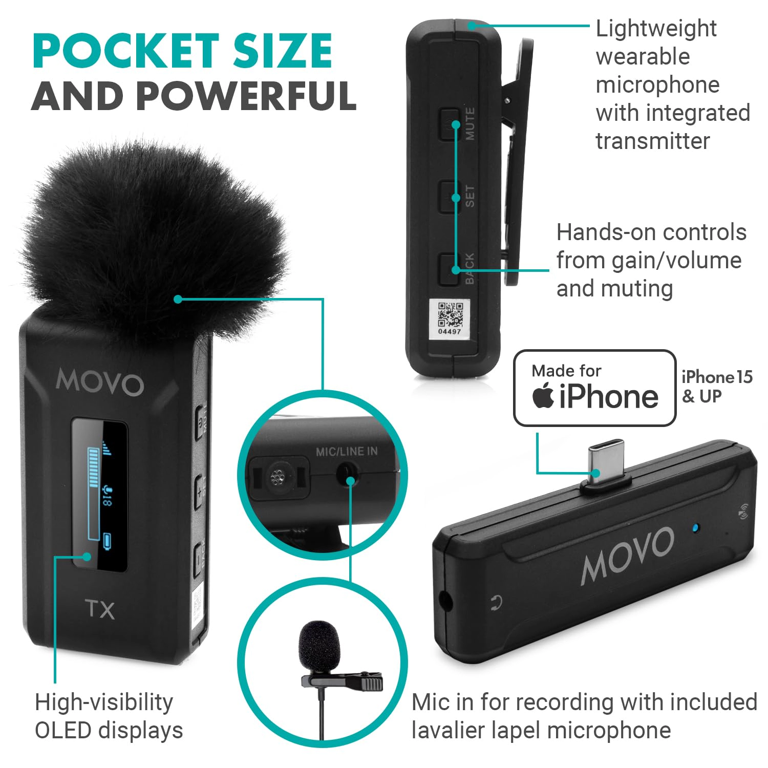 Movo WMX-2-C-DUO Dual Wireless Lavalier Microphone System with Charging Case for iPhone 15 and up