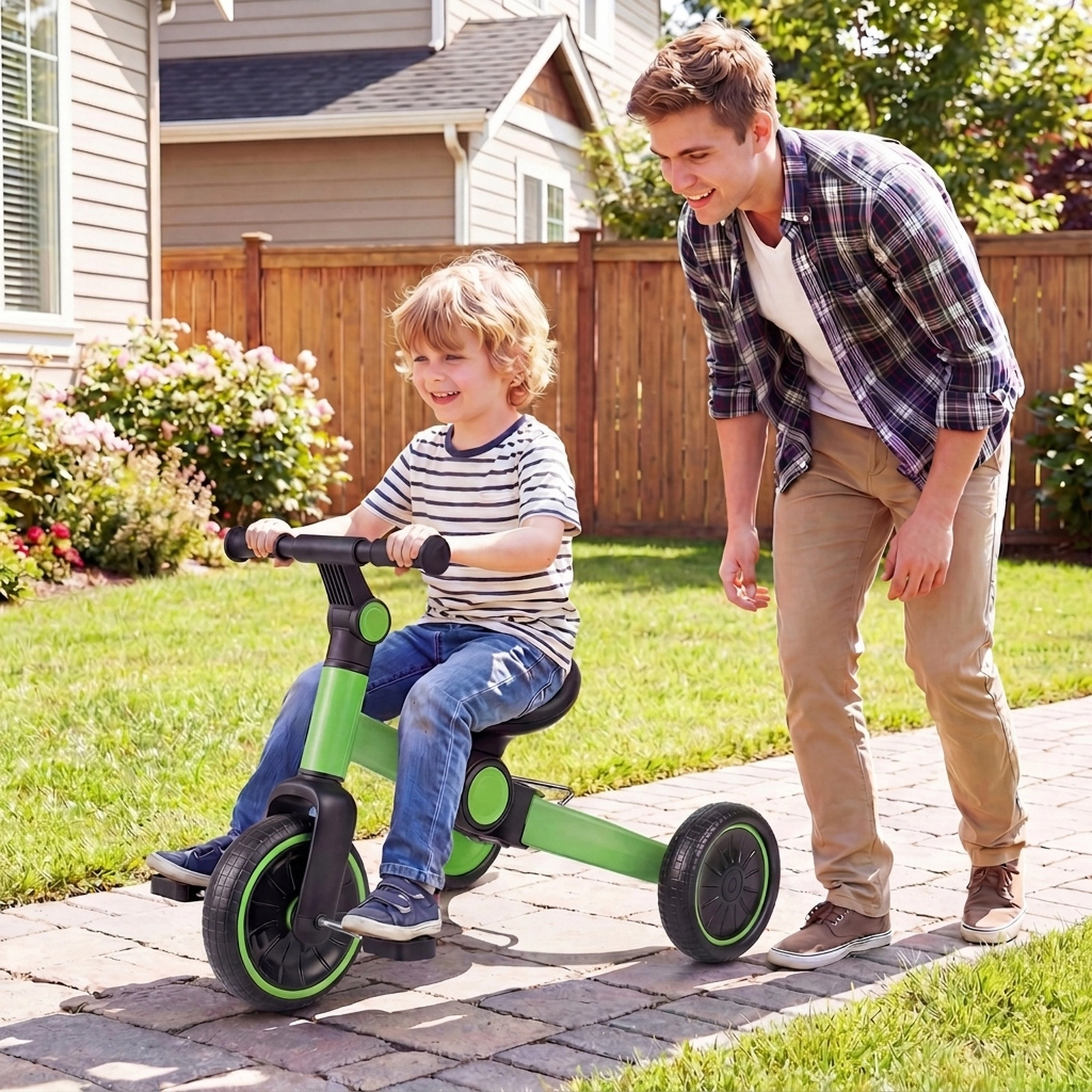 5-in-1 Toddler Balance Bike Removable Pedals 4-Level Handlebar 135-Degree Steering Limit Ages 2-4 Green