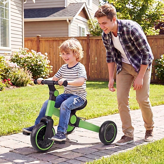 5-in-1 Toddler Balance Bike Removable Pedals 4-Level Handlebar 135-Degree Steering Limit Ages 2-4 Green