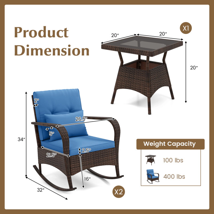 Hivvago 3 Pieces Outdoor Rocking Set With Tempered Glass Coffee Table For Backyard Poolside-Navy
