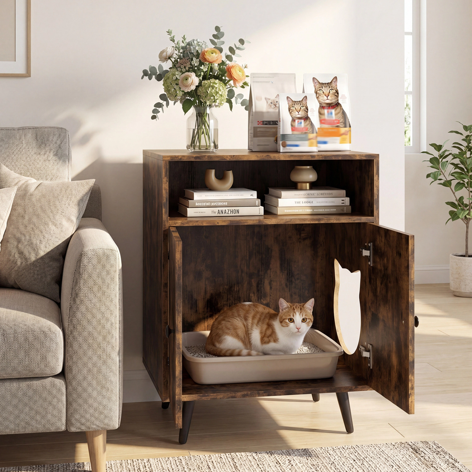 SUGIFT Brown Cat Litter Box Enclosure with Open Compartment 24-in W 18-in D 29.5-in H 110-lb Tabletop Capacity