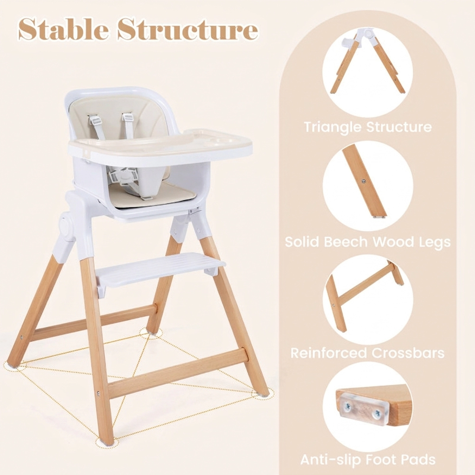 SUGIFT 4-in-1 Convertible Baby High Chair with Detachable Adjustable Tray 33-lb Capacity Ages 6-36 Months Beige